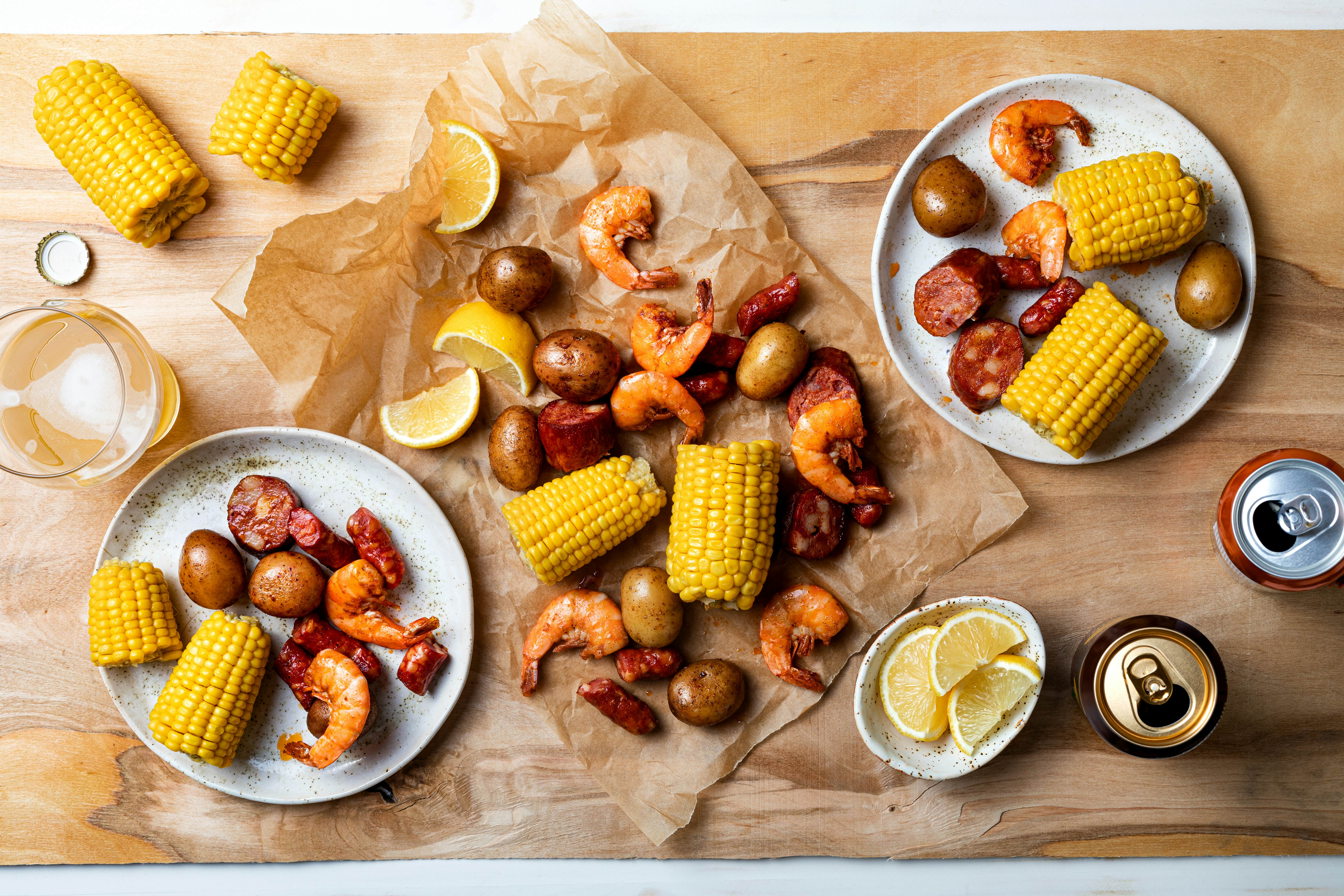 A low country homemade traditional  Southern U.S. Shrimp Boil with sausage, potato and corn