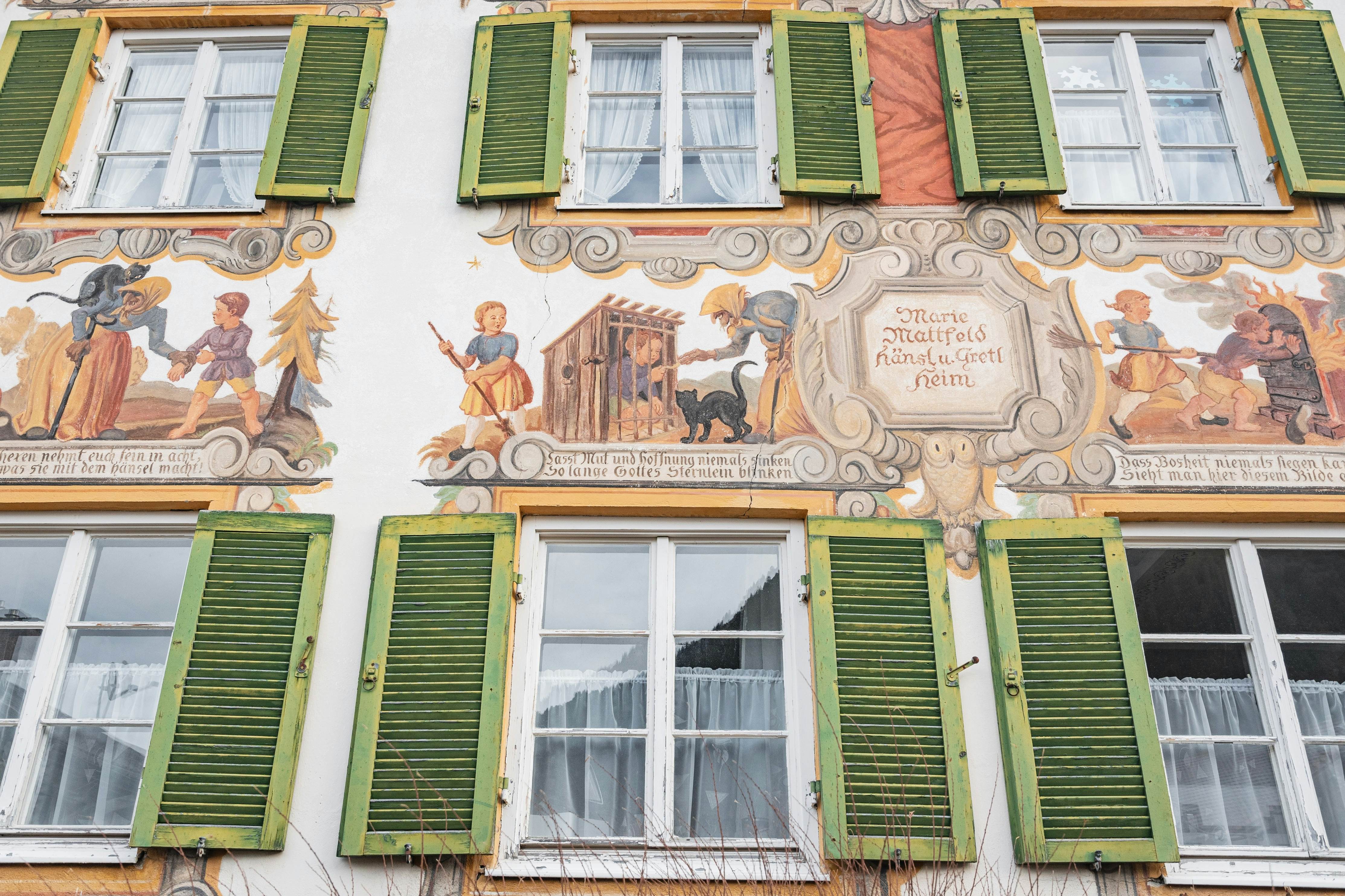 A mural covered house in the village of Oberammergau, Bavaria, Germany.