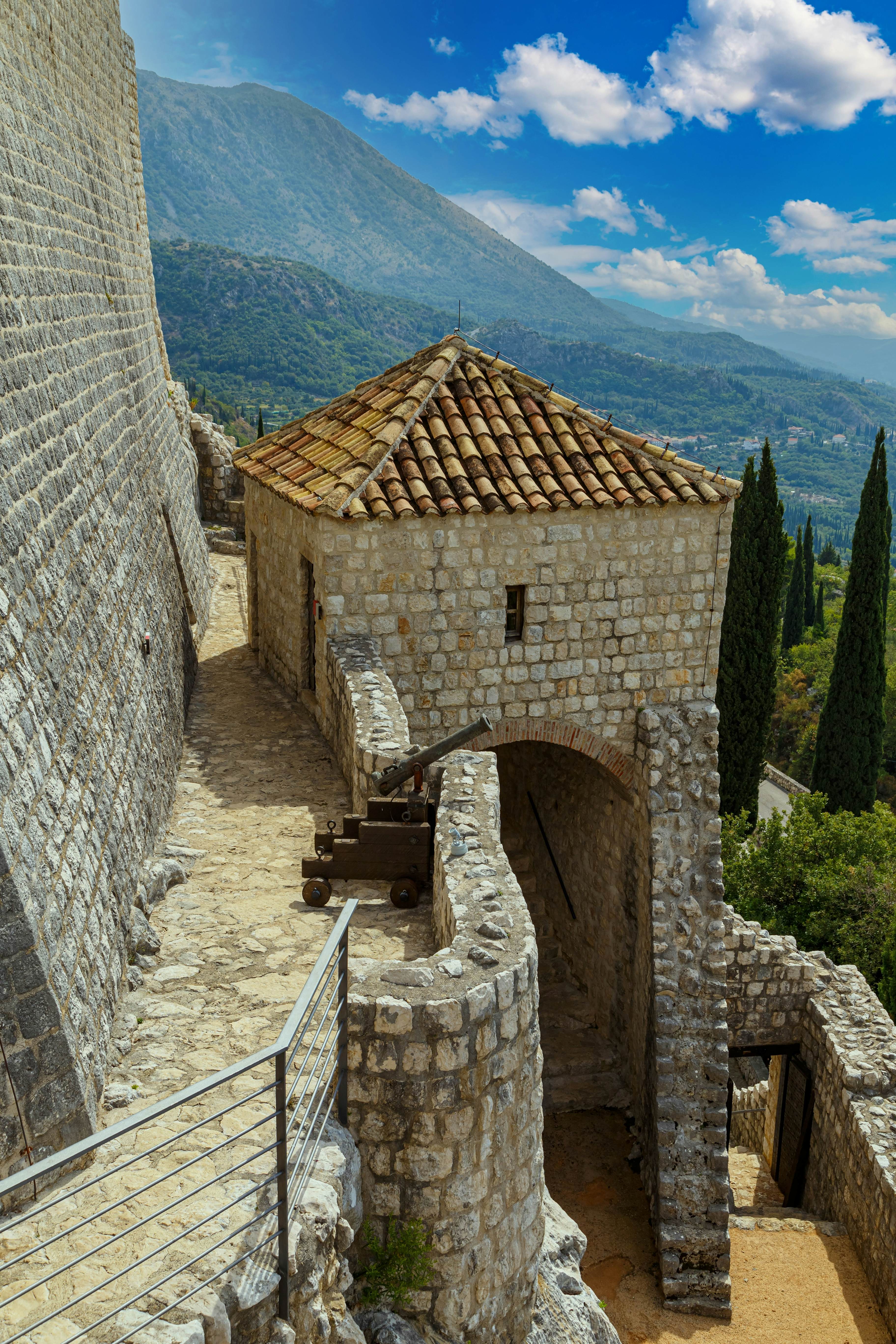 View on ancient Sokol Grad, Falcon Fortress, Sokol kula, outdoors, castle on the mountain. Defensive medieval castle in Konavle town near Dubrovnik city. Croatia