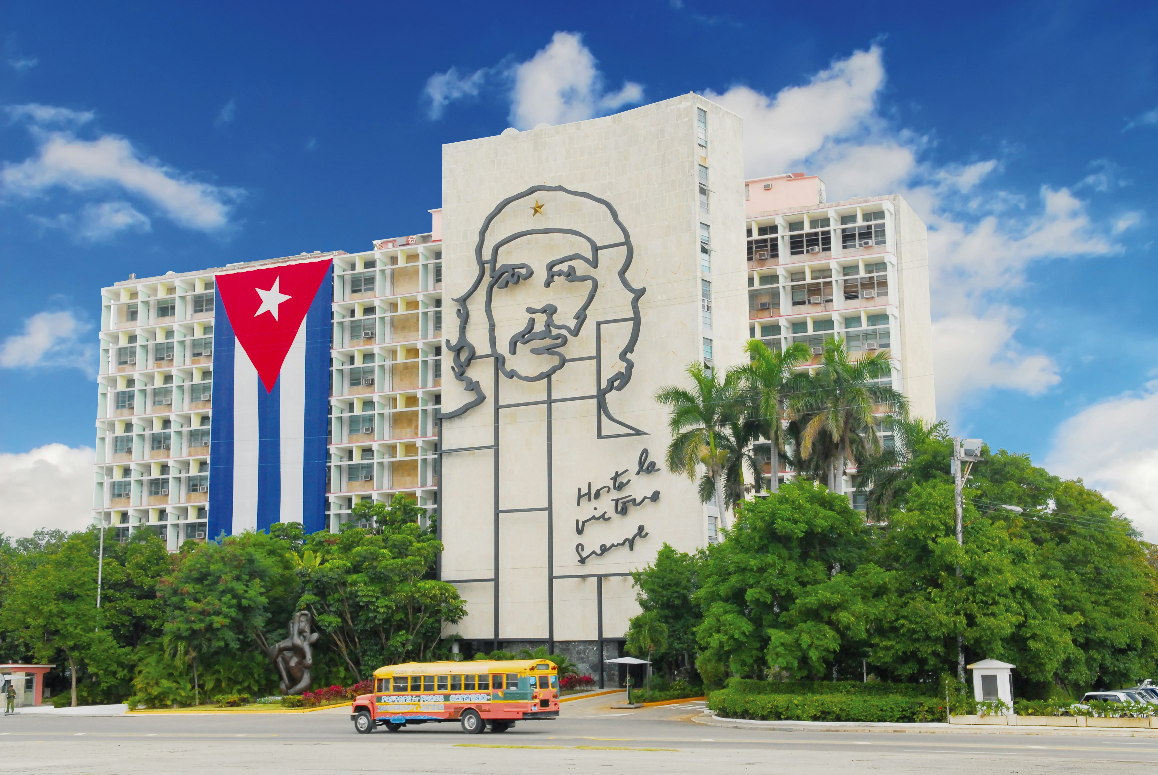 Ministry of the Interior building, featuring iron mural of Che Guevara's face at the Revolution Square in Havana, Cuba