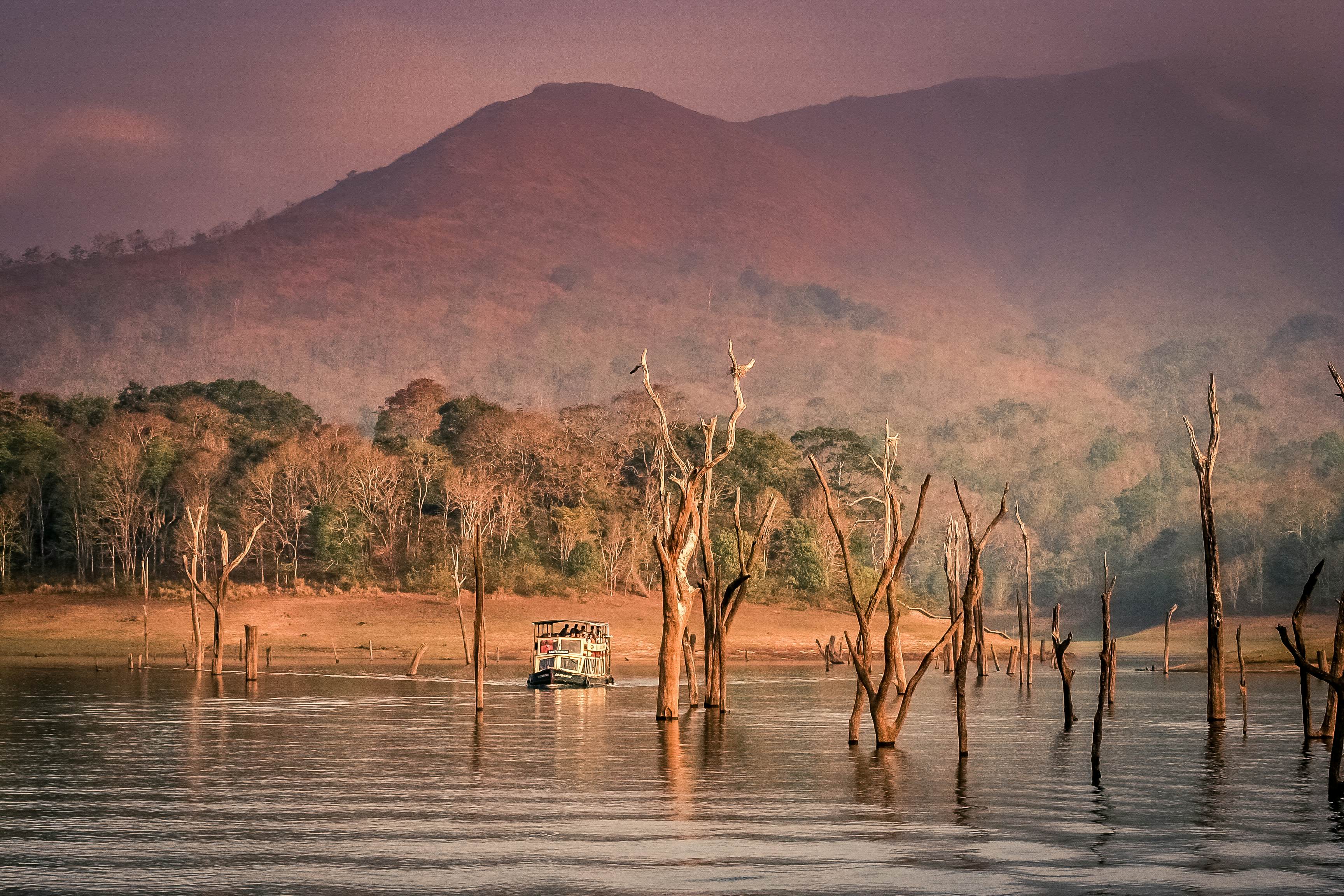 A tourist boat at Periyar Tiger Reserve in Kerala, India