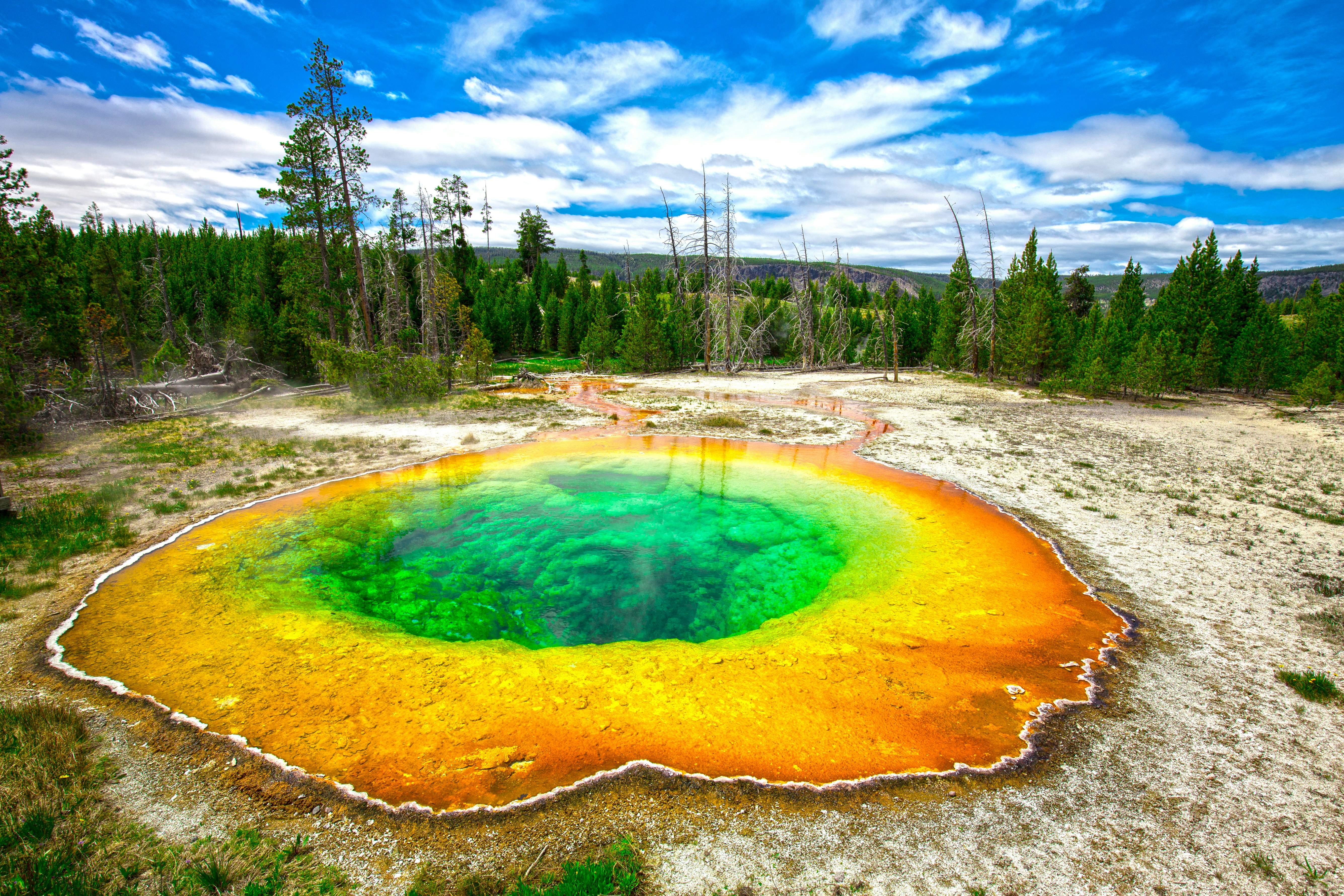 Surreal colors around the Glory geyser at Yellowstone National Park, USA.