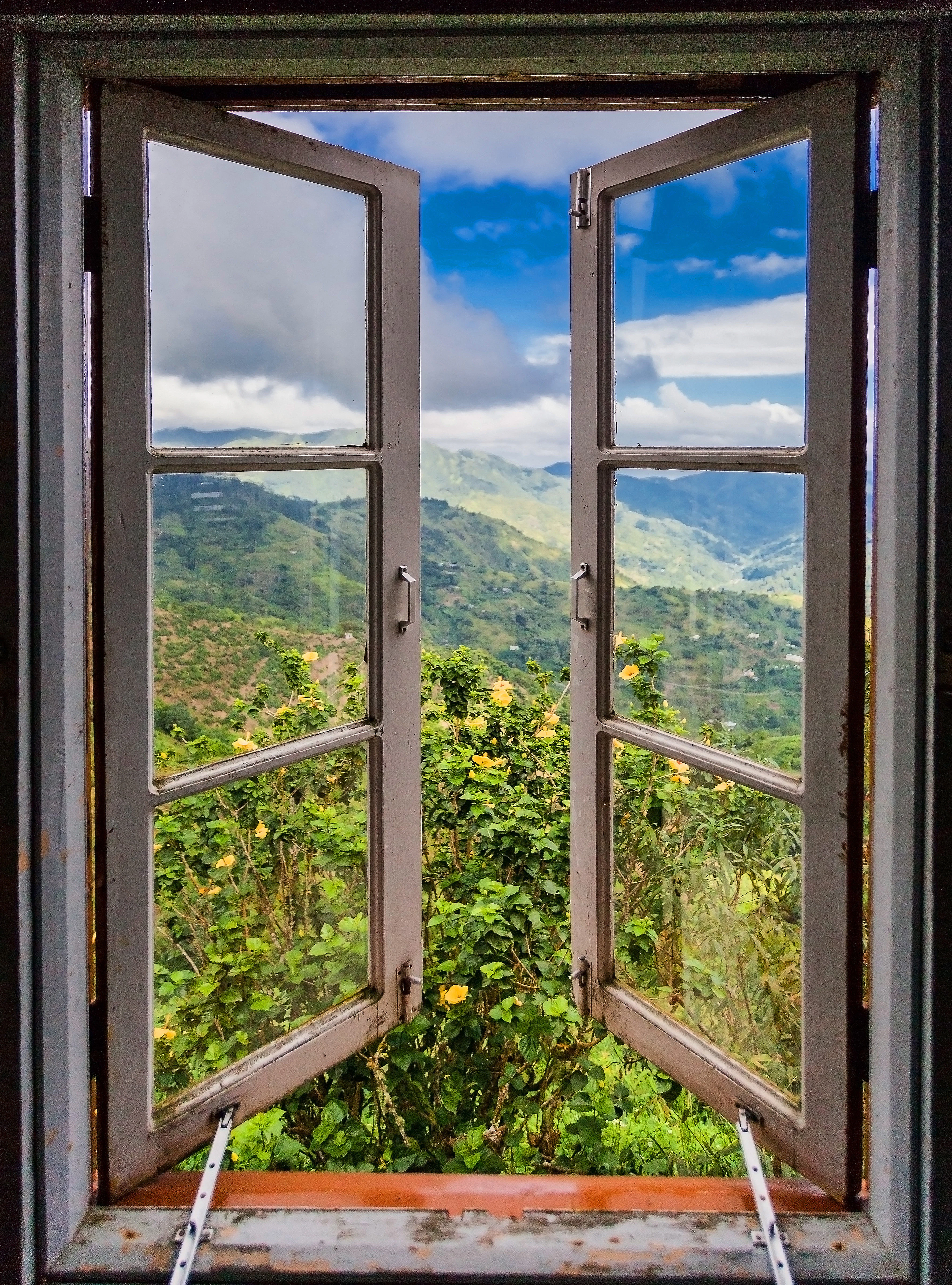 View of green covered mountains from an open window