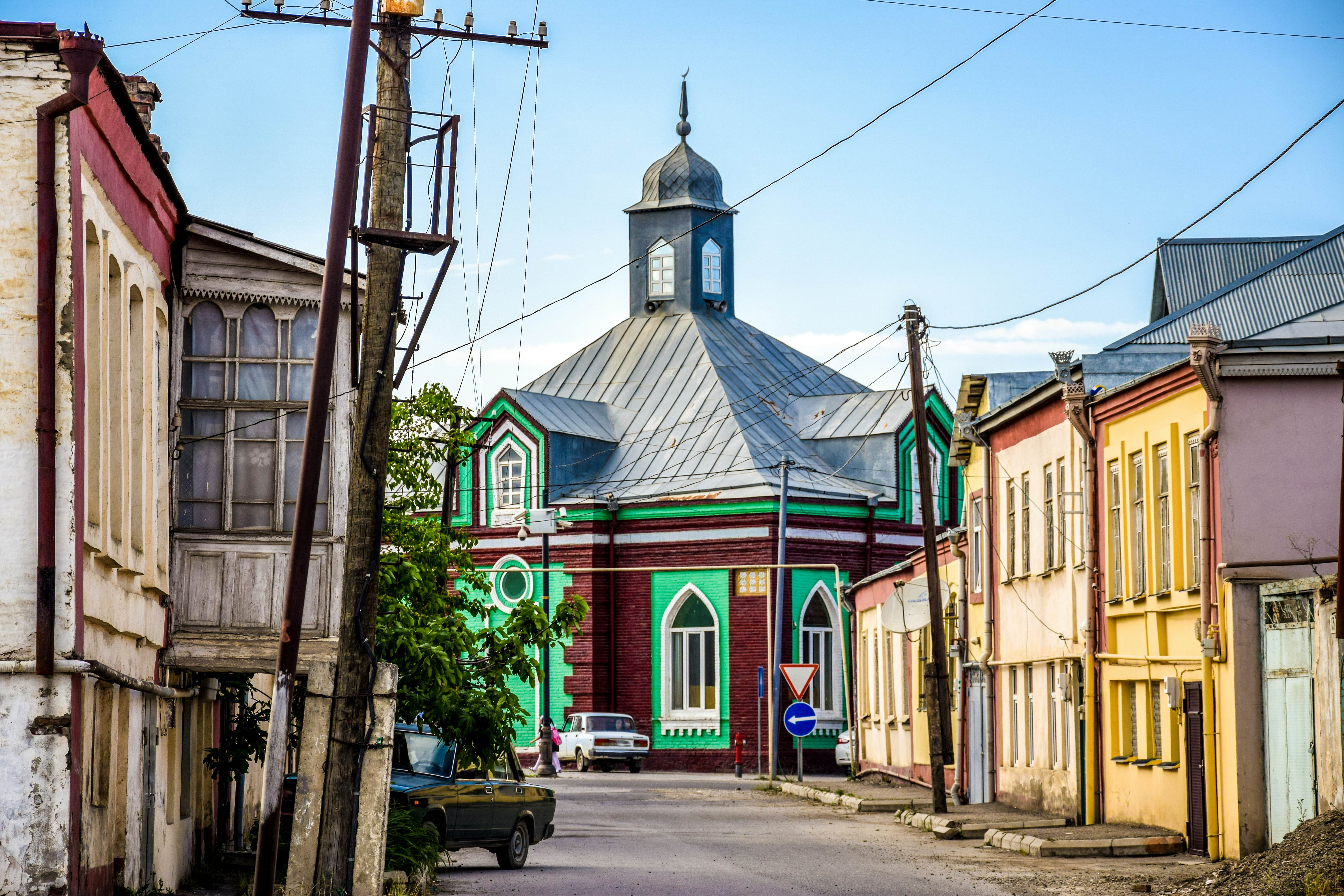 Vew of the Ardabil Mosque on the main street of Quba, Azerbaijan.