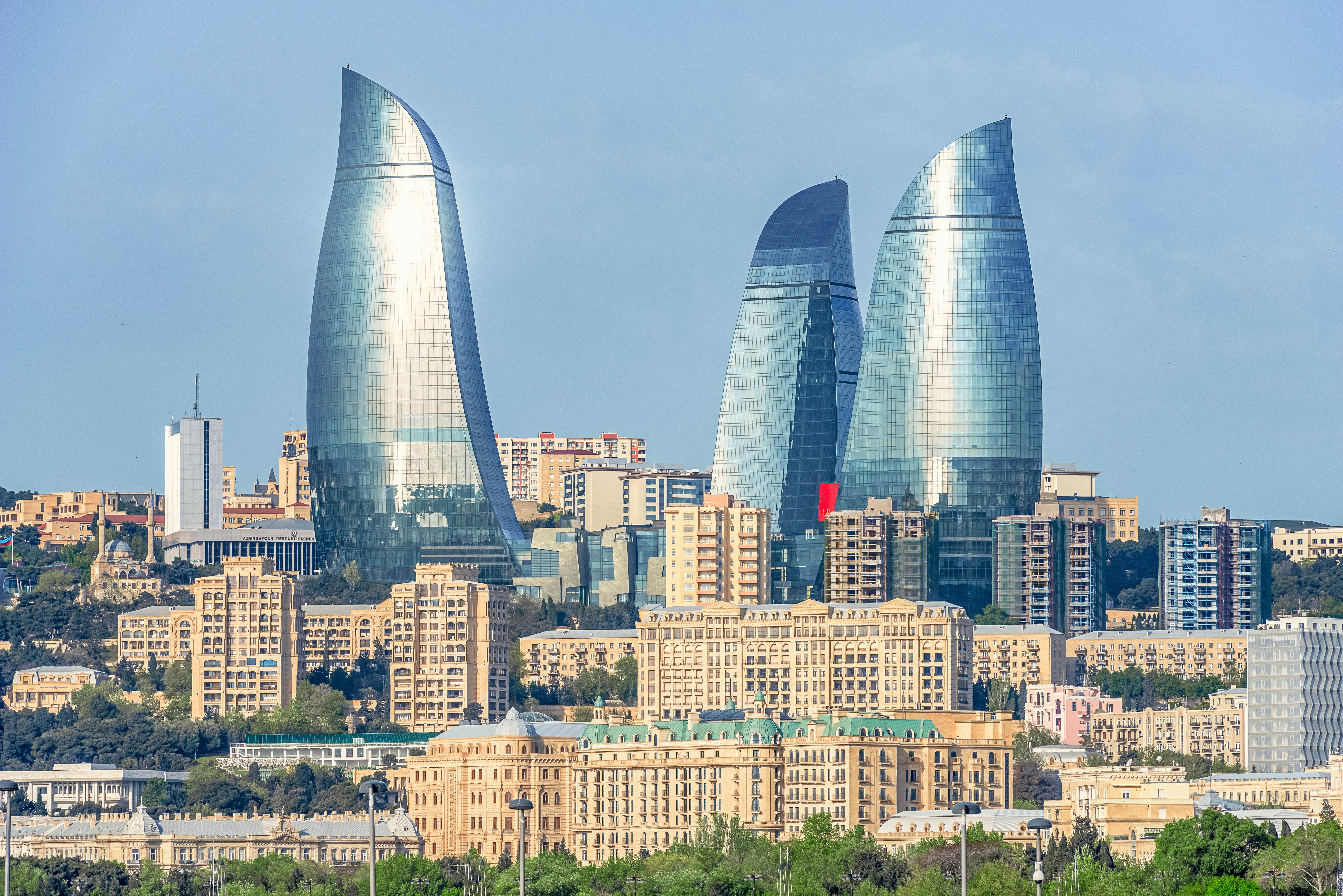 Panoramic view of Baku city and the famous Flame Towers, Azerbaijan.