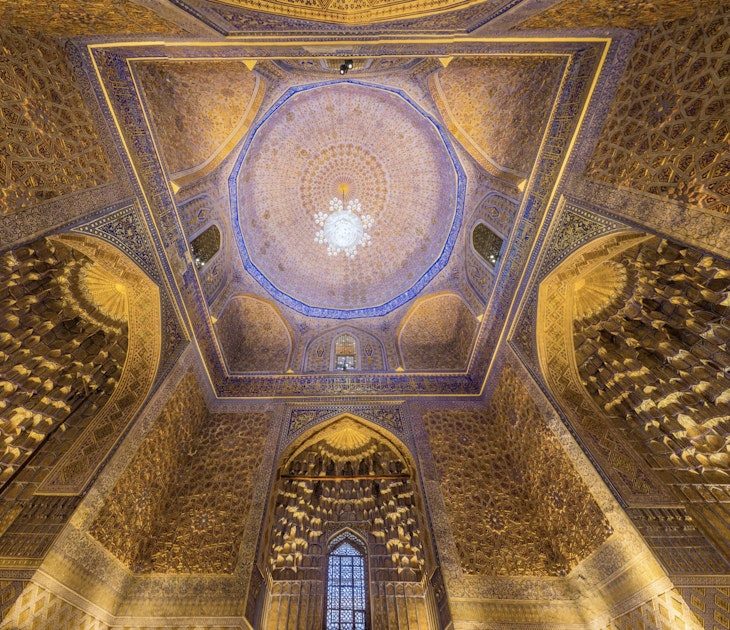 SAMARKAND, UZBEKISTAN - APRIL 27, 2018: Cupola of Gur-e Amir Mausoleum in Samarkand, Uzbekistan; Shutterstock ID 1742347241; full: 65050; gl: Lonely Planet Online Editorial; netsuite: Total Trip: Uzbekistan; your: Brian Healy.1742347241
1742347241
RFE, Shutterstock, amir, ancient, arabic, architecture, art, asia, building, ceiling, cupola, decoration, decorative, design, dome, e, famous, gold, golden, gur, heritage, inside, interior, islam, islamic, landmark, mausoleum, medieval, mosaic, mosque, muslim, old, ornament, ornate, pattern, religion, samarkand, tile, tourism, traditional, uzbekistan, silk road, Altar, Apse, Architecture, Building, Church, Prayer
SAMARKAND, UZBEKISTAN - APRIL 27, 2018: Cupola of Gur-e Amir Mausoleum in Samarkand, Uzbekistan