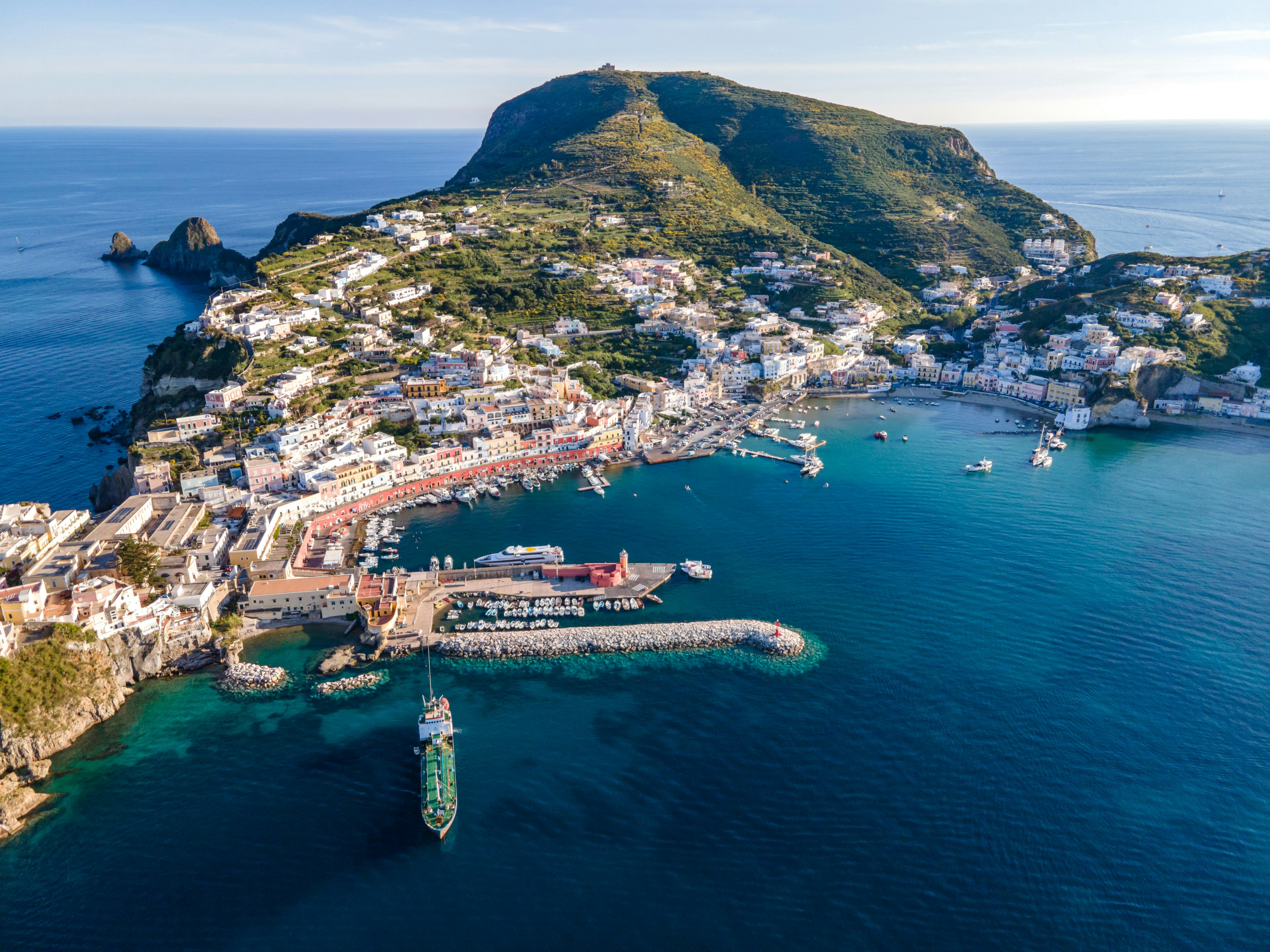 Panoramic aerial view at sunset of the harbor in the island of Ponza