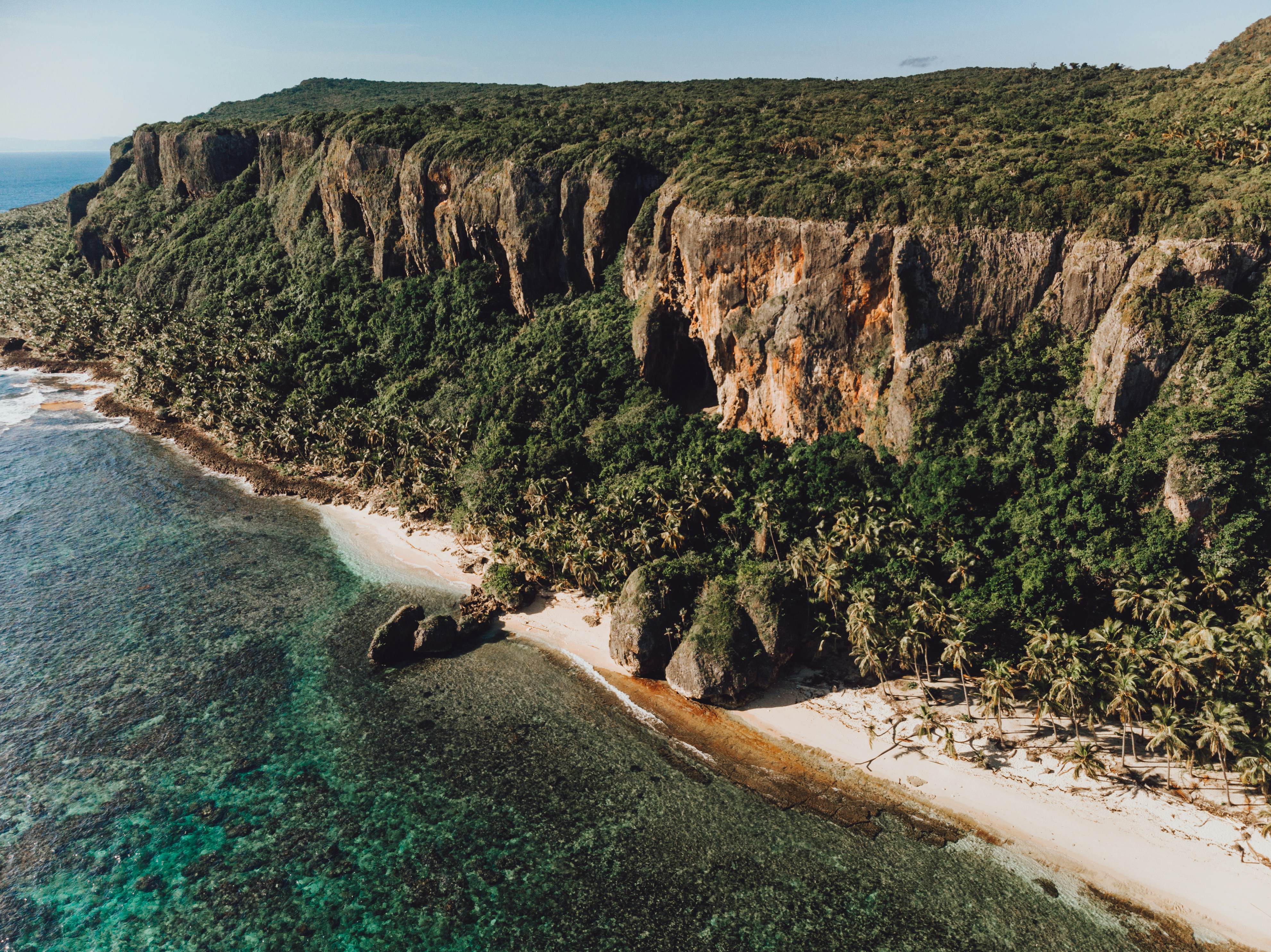 Aerial drone view of high cliff paradise beach with palm trees and blue water of Atlantic Ocean with coral spots at the Fronton beach, Samana, Dominican Republic