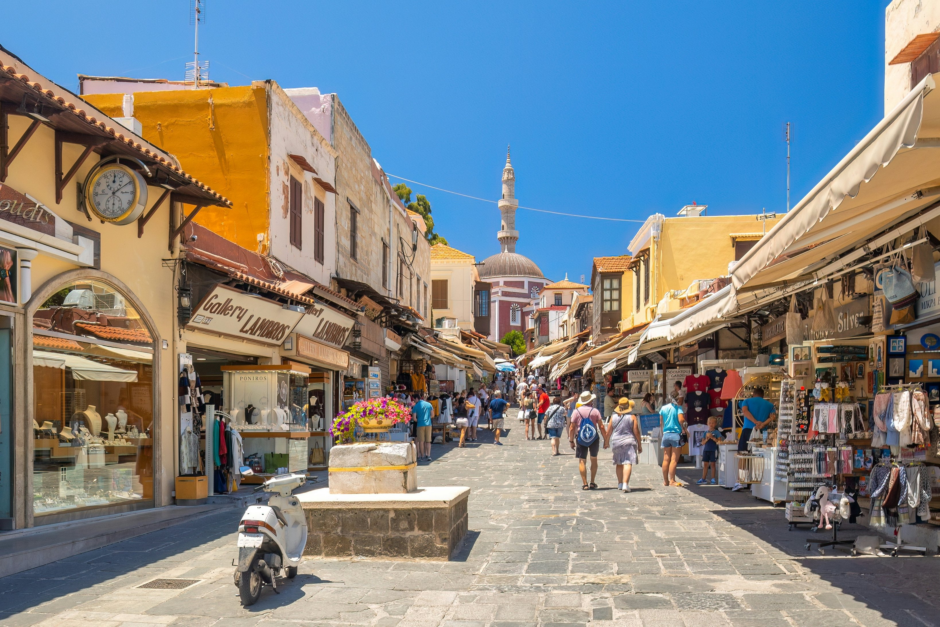 View of stone street of the historic center of the Rhodes city.