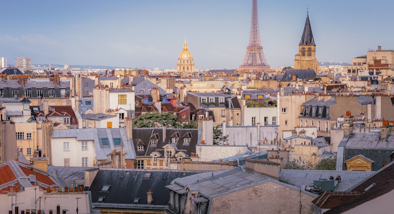 Saint-Germain-des-Pres and french roofs from above at sunrise, Paris, France, License Type: media, Download Time: 2025-02-03T19:04:53.000Z, User: katelyn.perry_lonelyplanet, Editorial: false, purchase_order: 65050 - Digital Destinations and Articles, job: WIP, client: WIP, other: Katelyn Perry