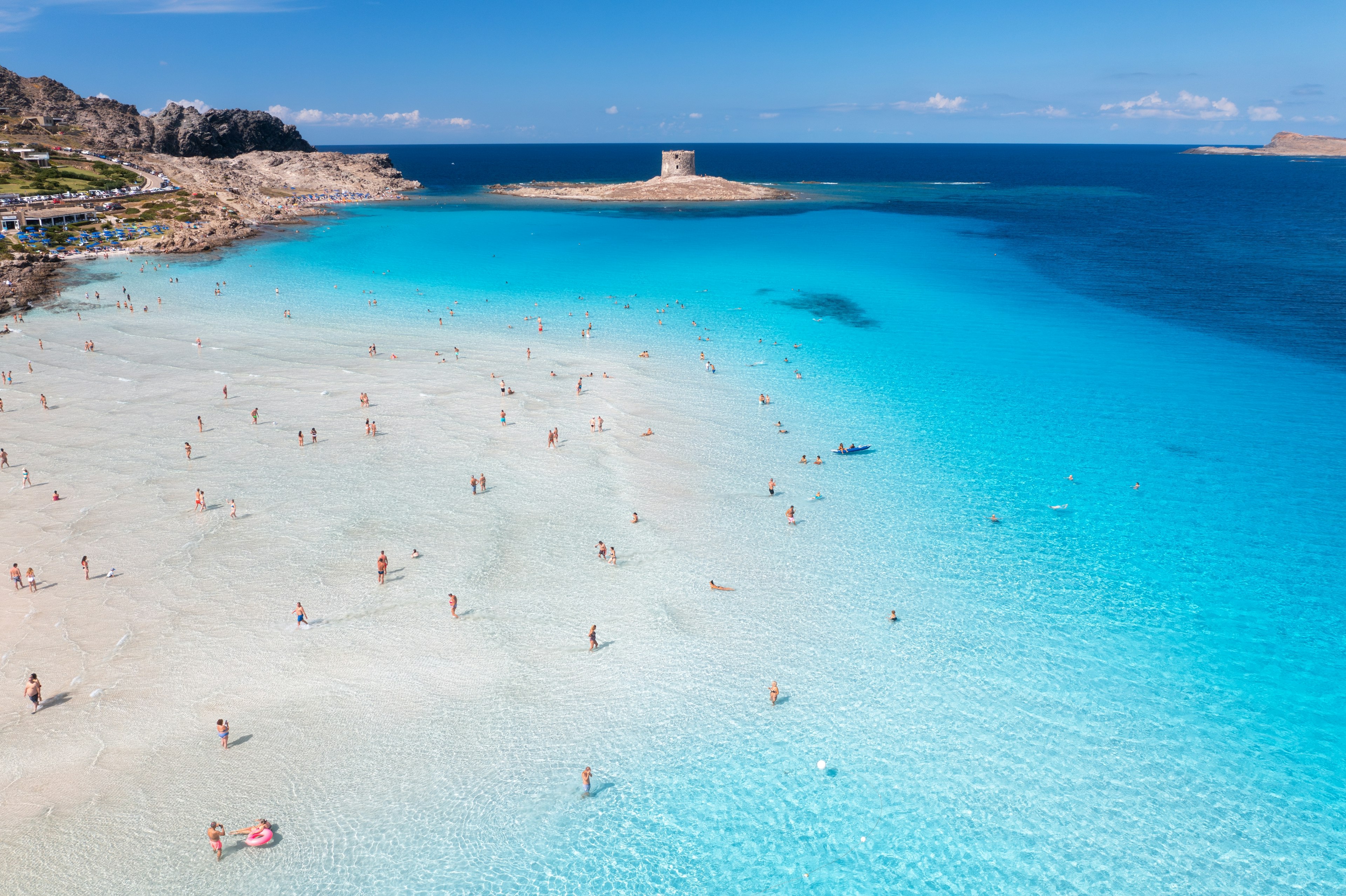 Aerial view of famous La Pelosa beach on a sunny summer day.