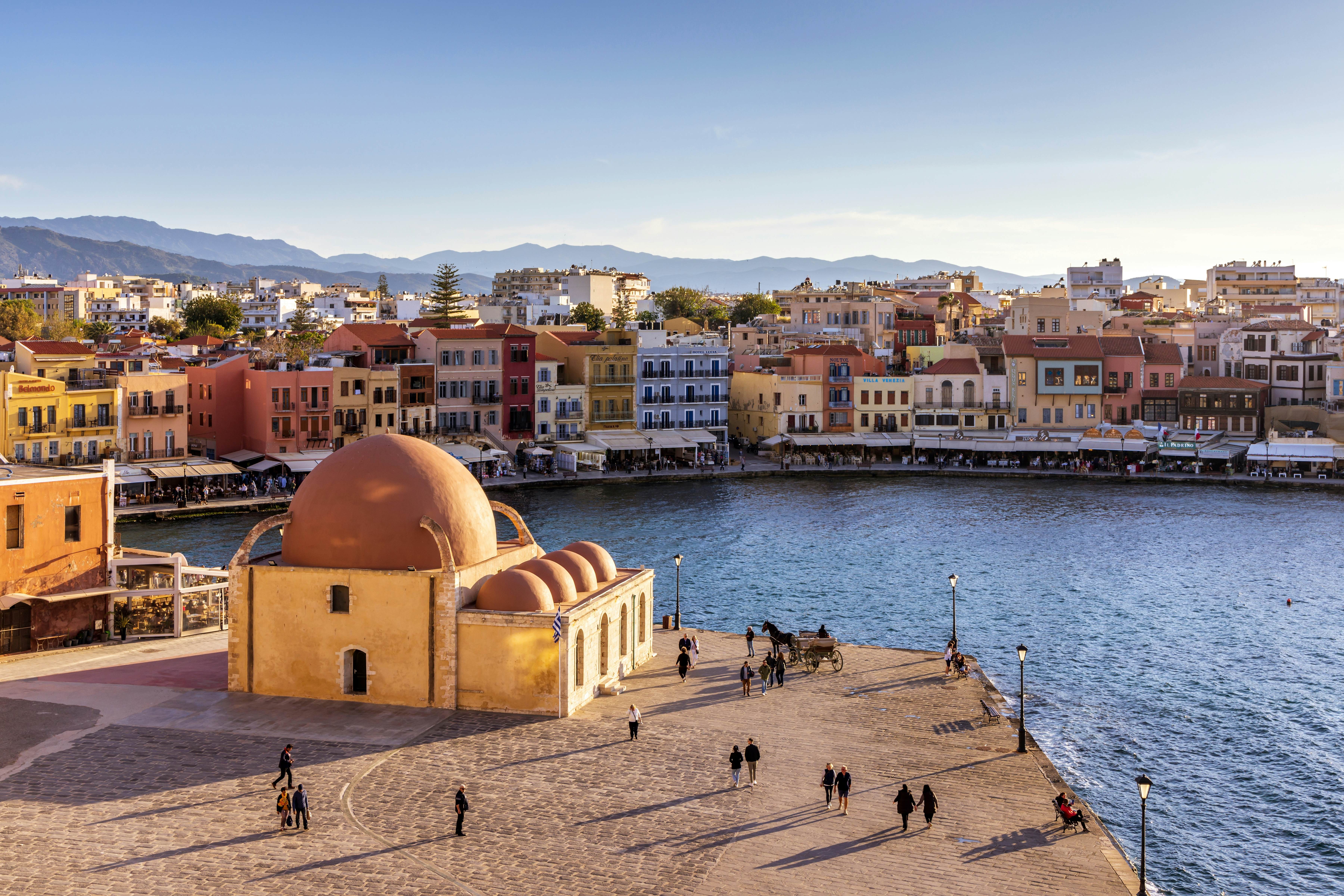 The Venetian harbor of Hania, Crete, with the Kucuk Hasan Pasha Mosque on the waterfront.