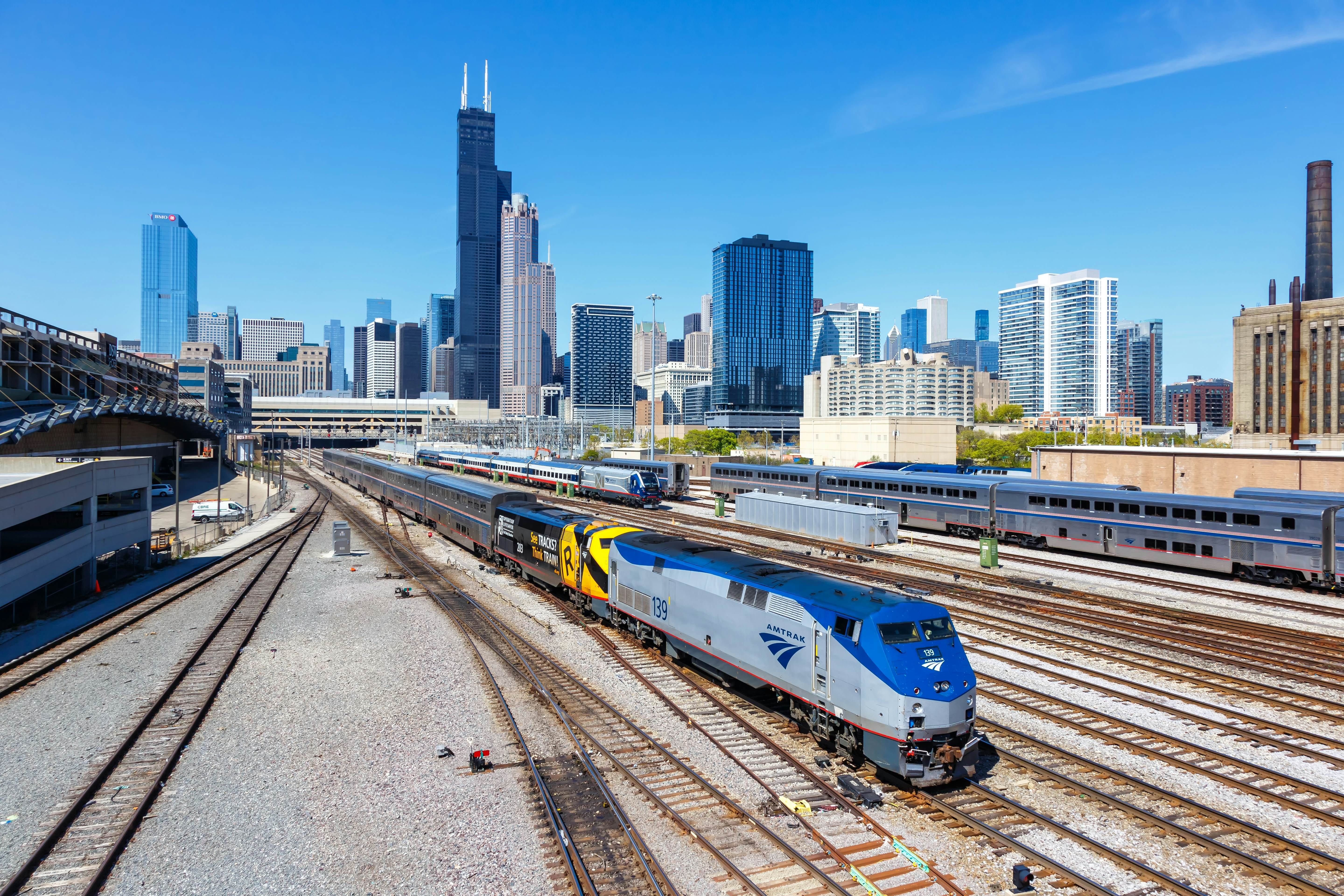 Amtrak trains near Union Station in Chicago