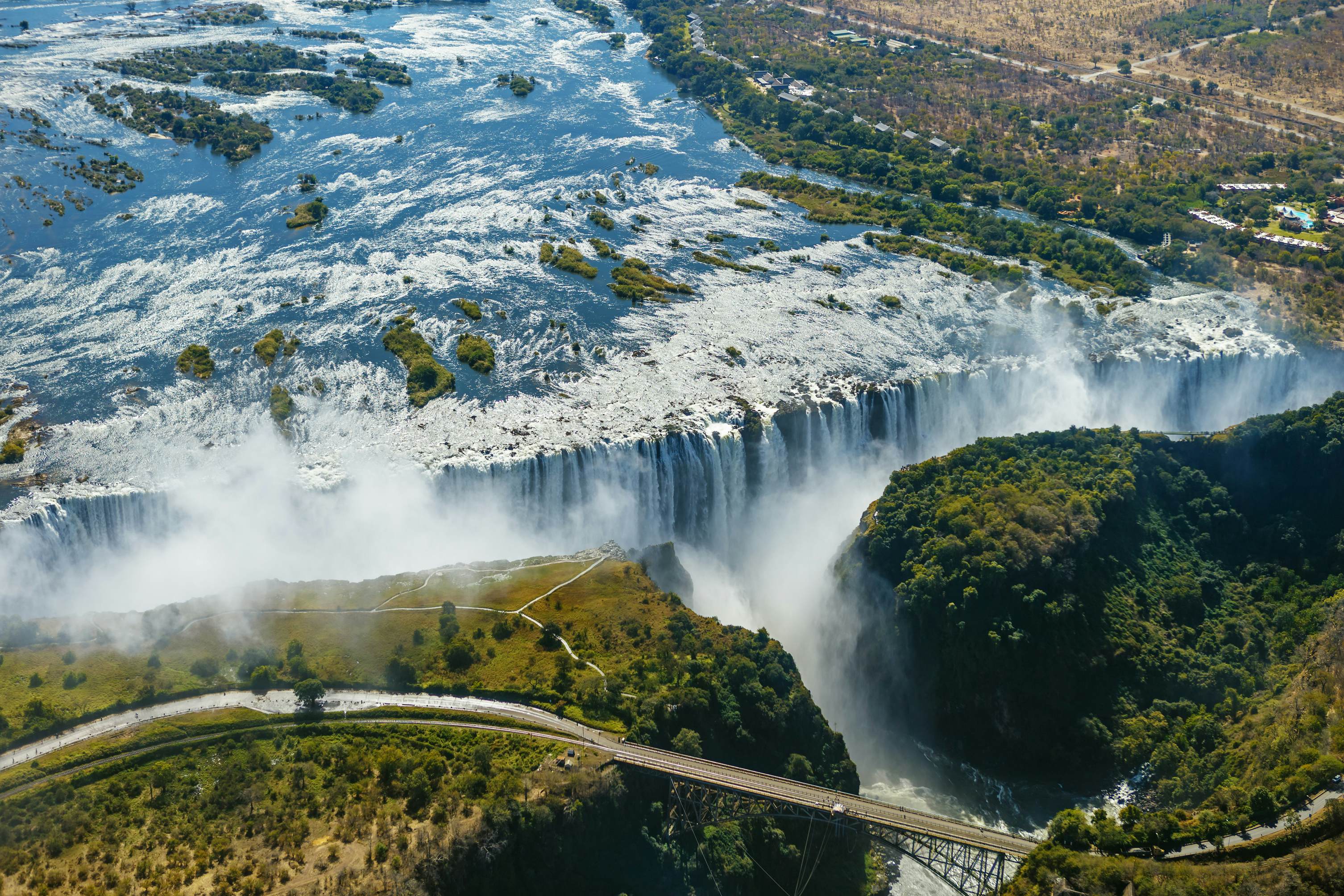 An aerial view of Victoria Falls on the border between Zimbabwe and Zambia.