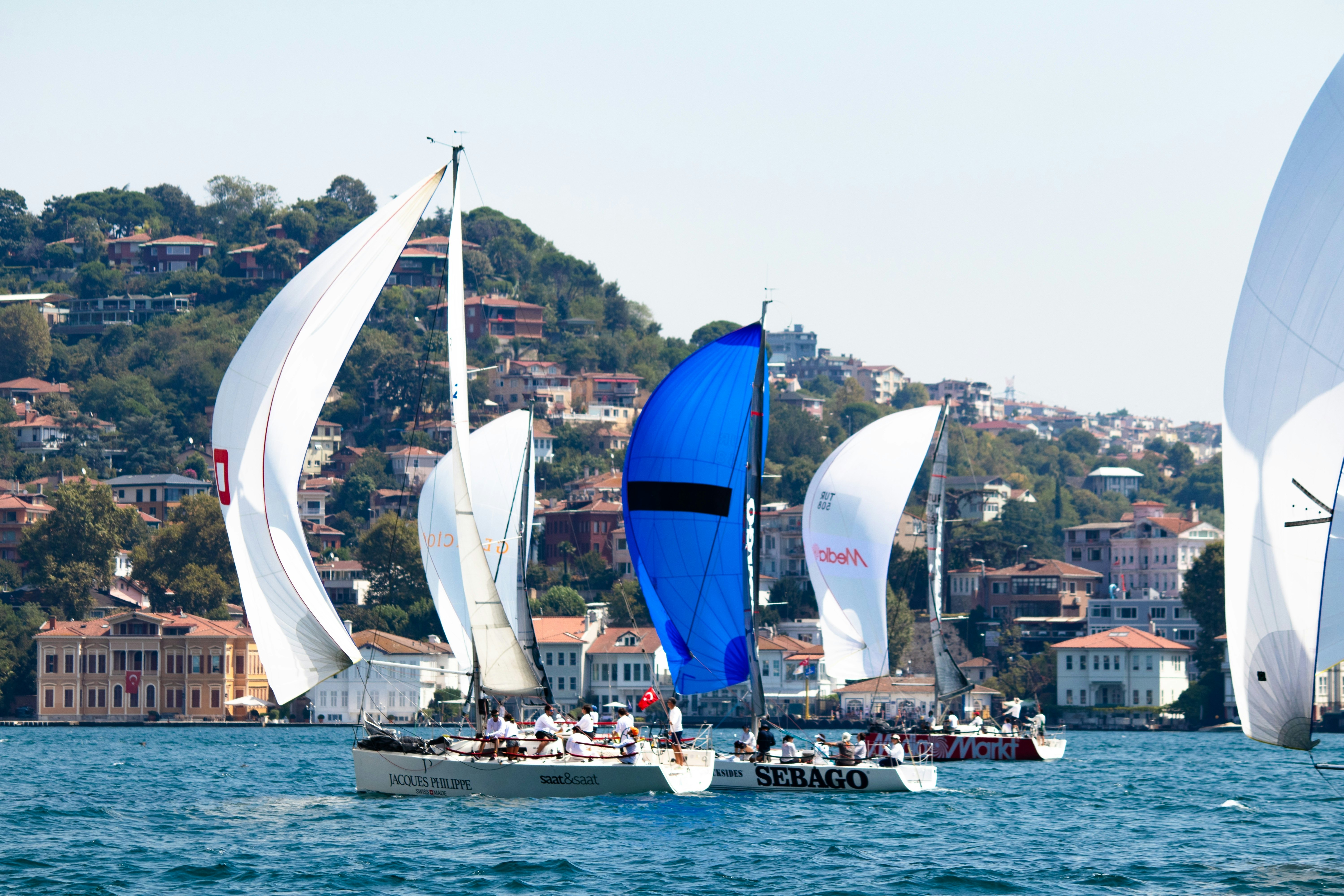 Several sailboats race against one another in the harbor of a city. Buildings are seen the shore and a hill just inland.