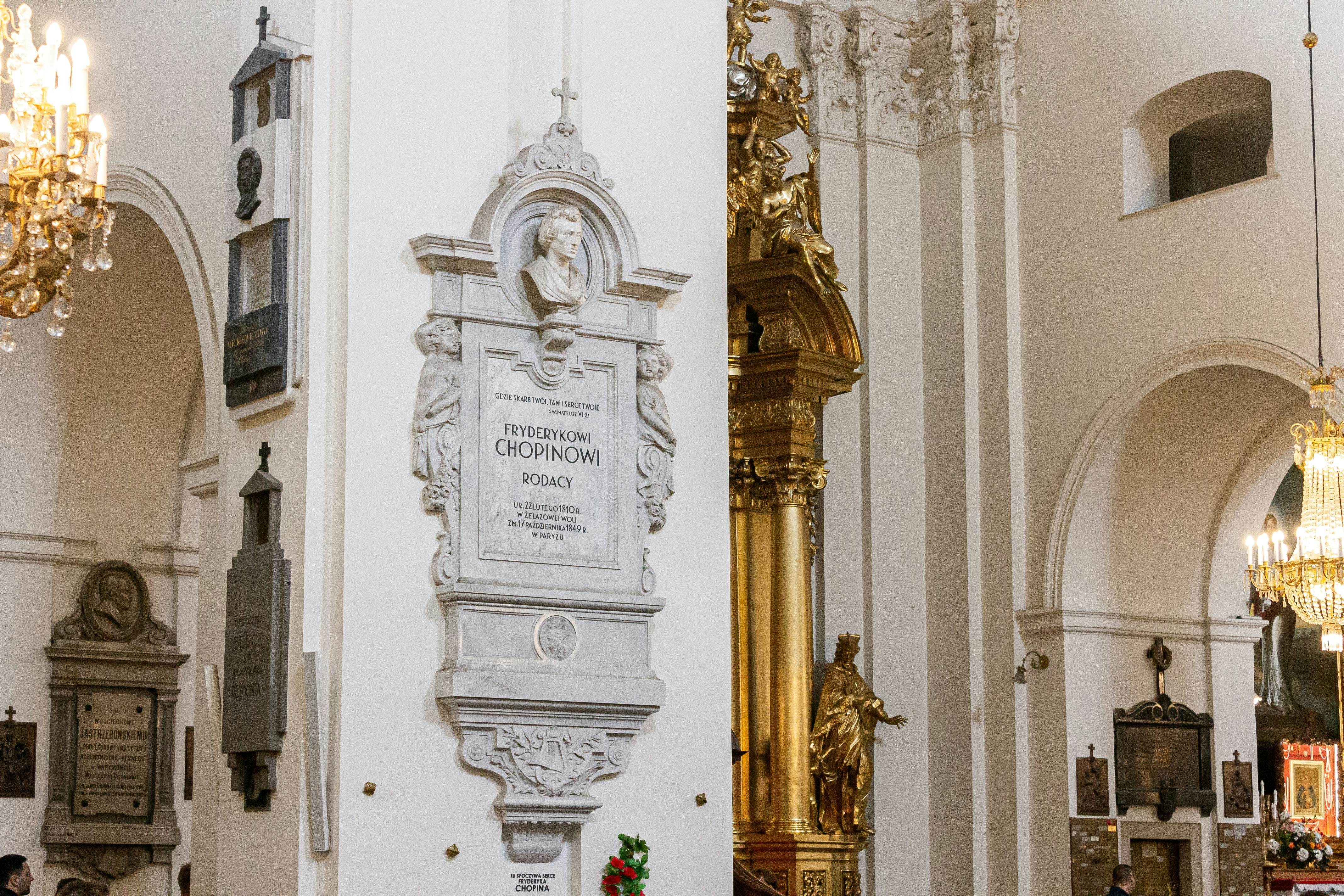 Funerary monument to Chopin on a pillar in the Church of the Holy Cross, Warsaw, Poland.