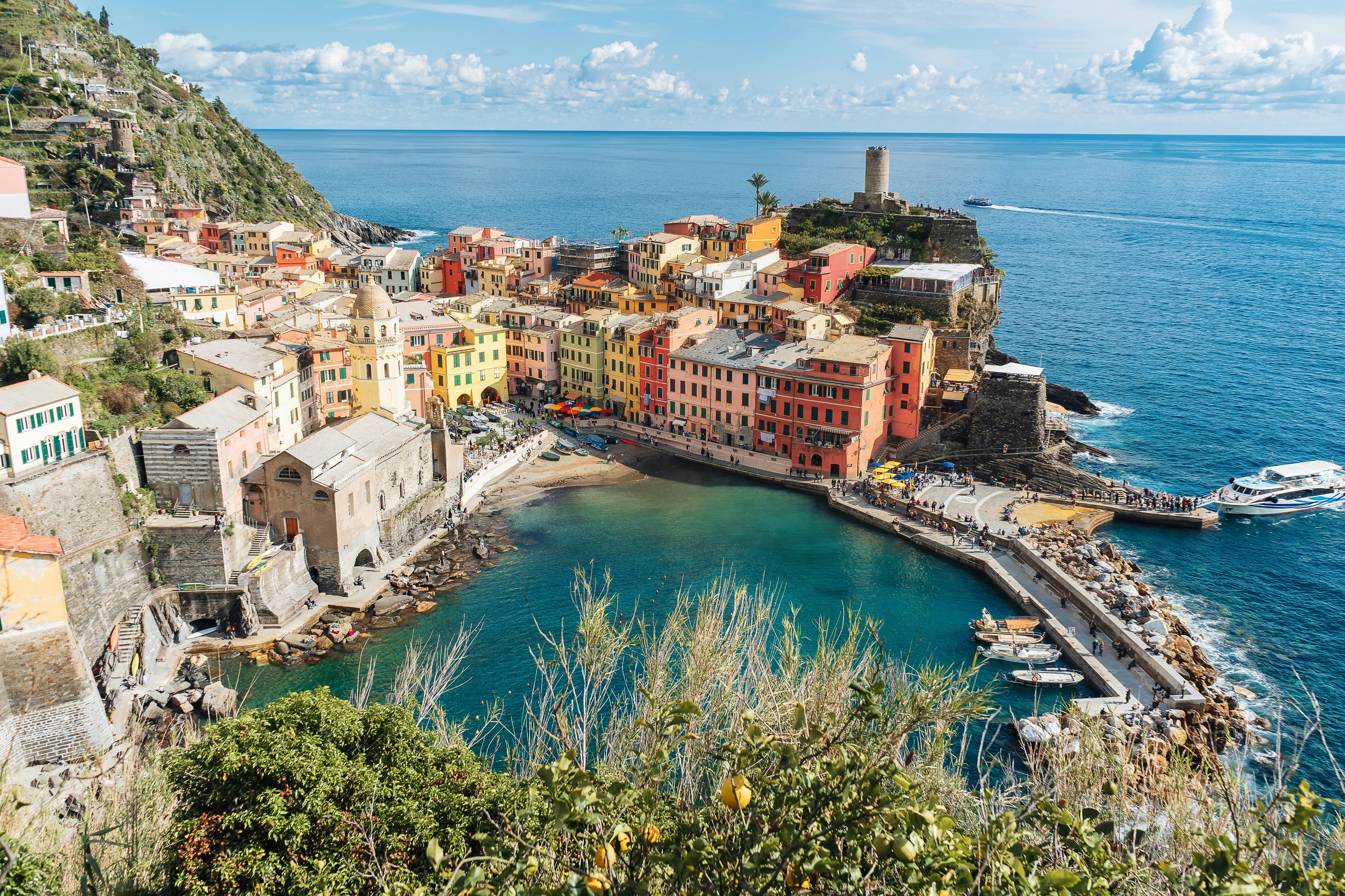 The town of Vernazza in the Cinque Terre from the hillside above the village, Liguria, Italy.