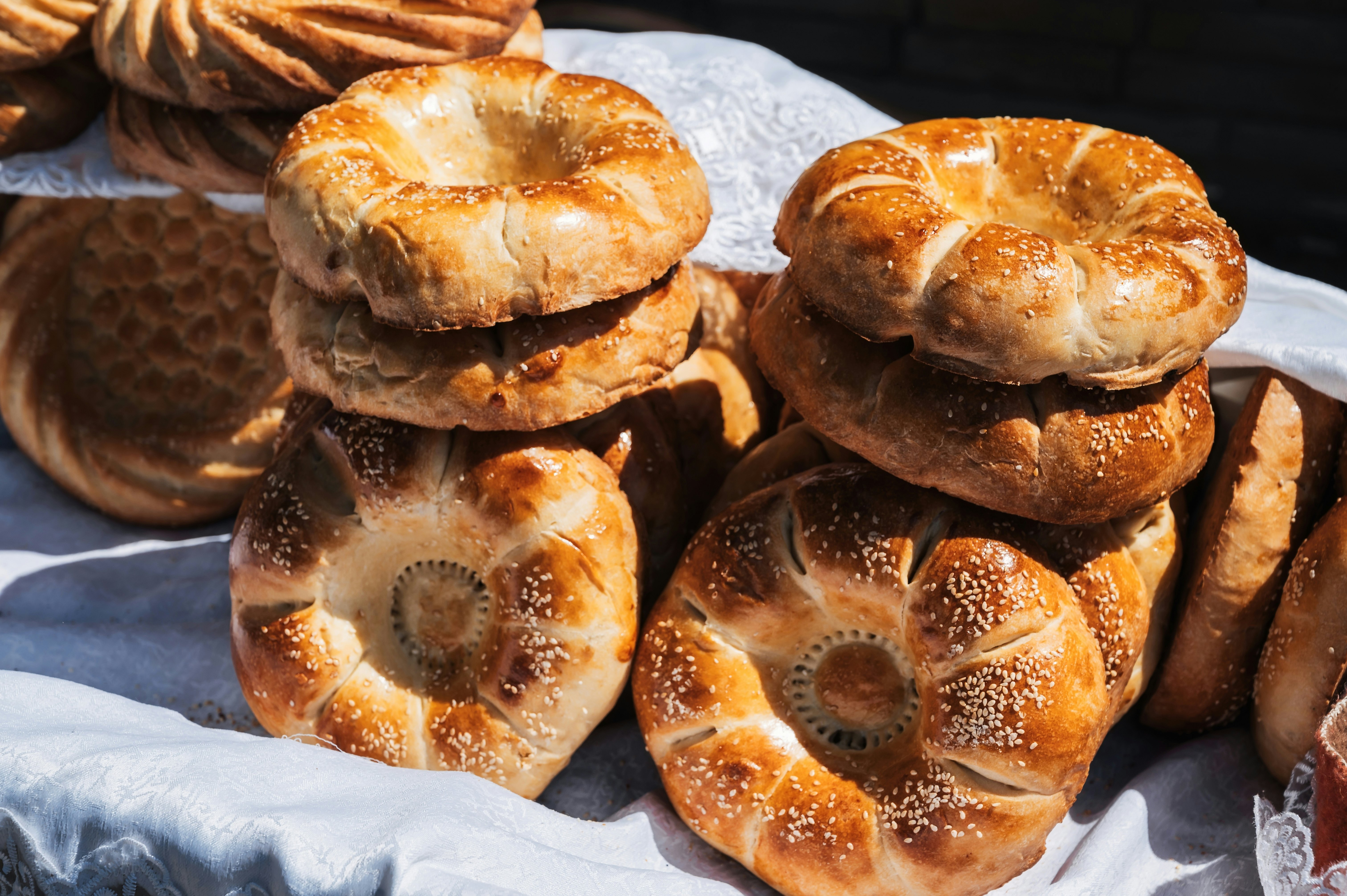 Freshly baked bread on sale in a bazaar in Uzbekistan.