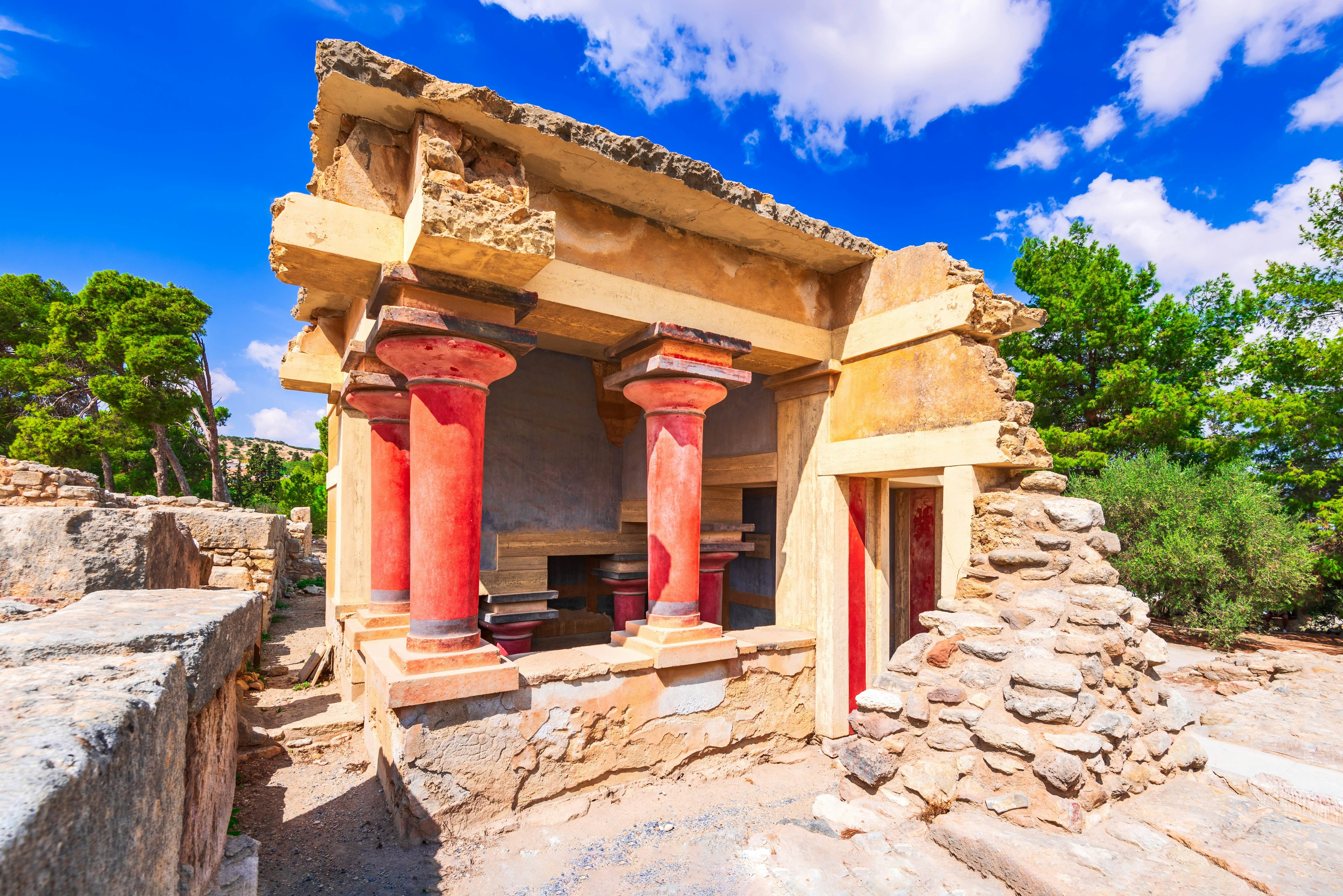 Restored ruins in the Minoan archaeological site of Knossos, Crete, Greece.