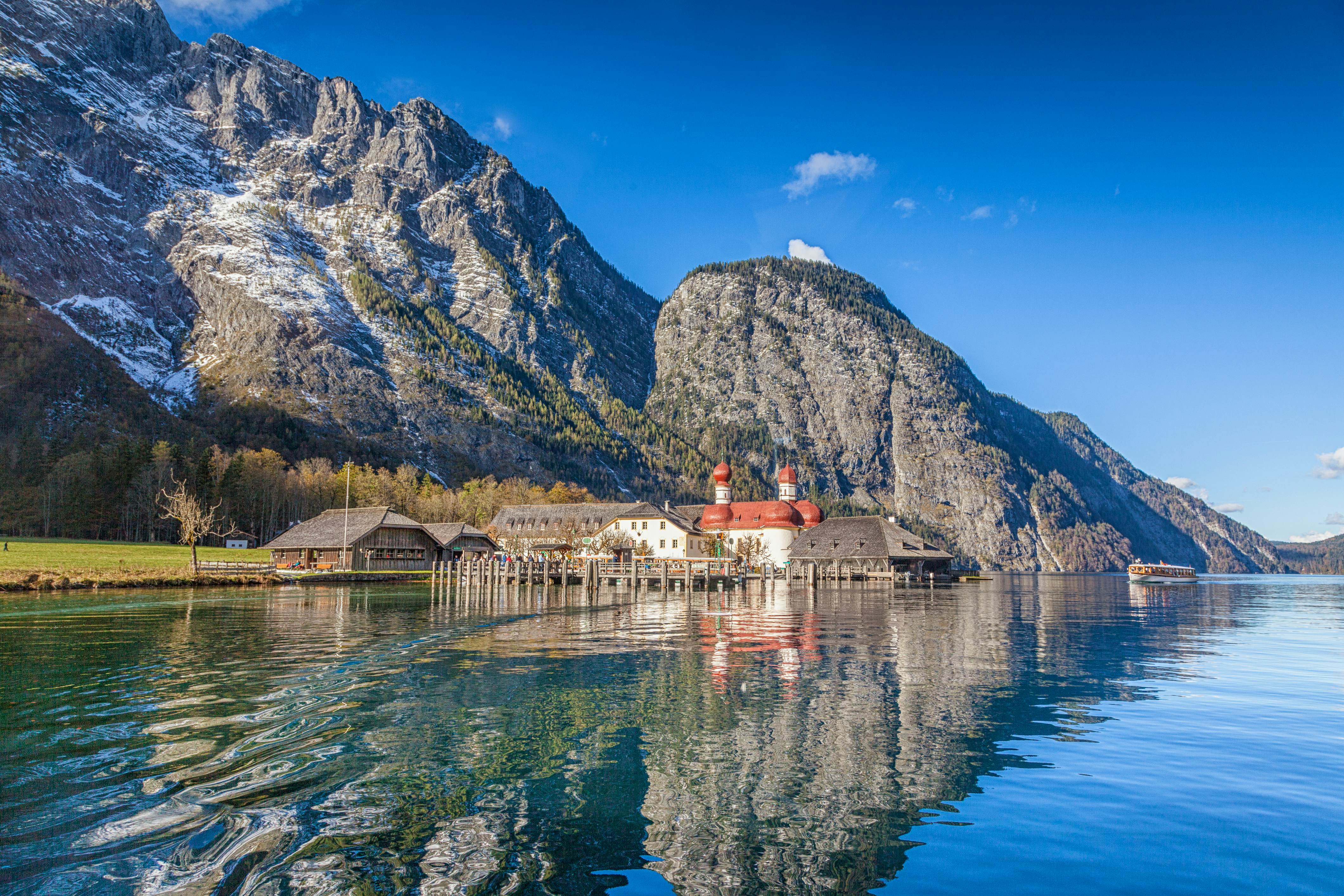 Panoramic view of Lake Konigssee and St Bartholoma church in Bavaria, Germany.