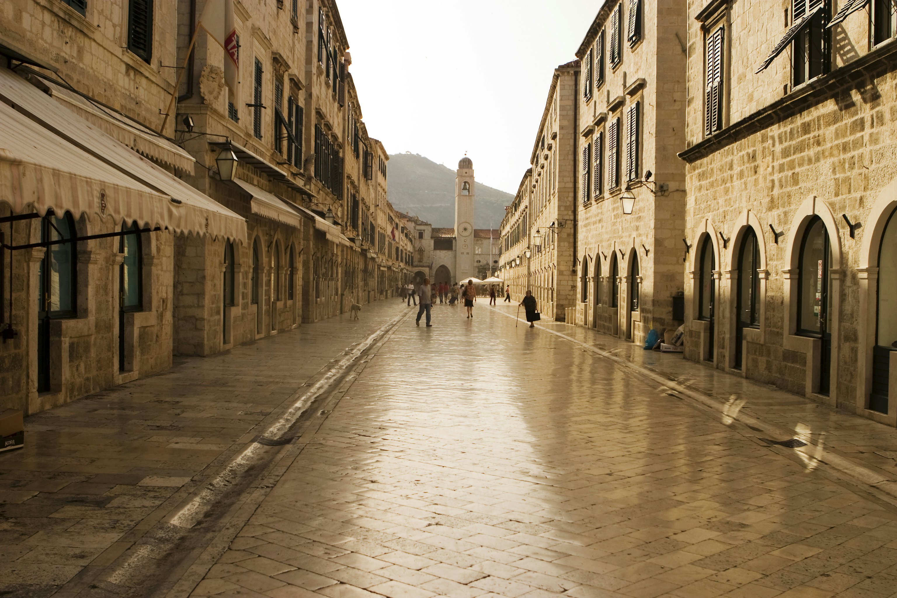 The Stradun (sometimes the Strada) is the main shopping street and gathering area in the city of Dubrovnik in Croatia. The cobblestones have been polished smooth over hundreds of years.