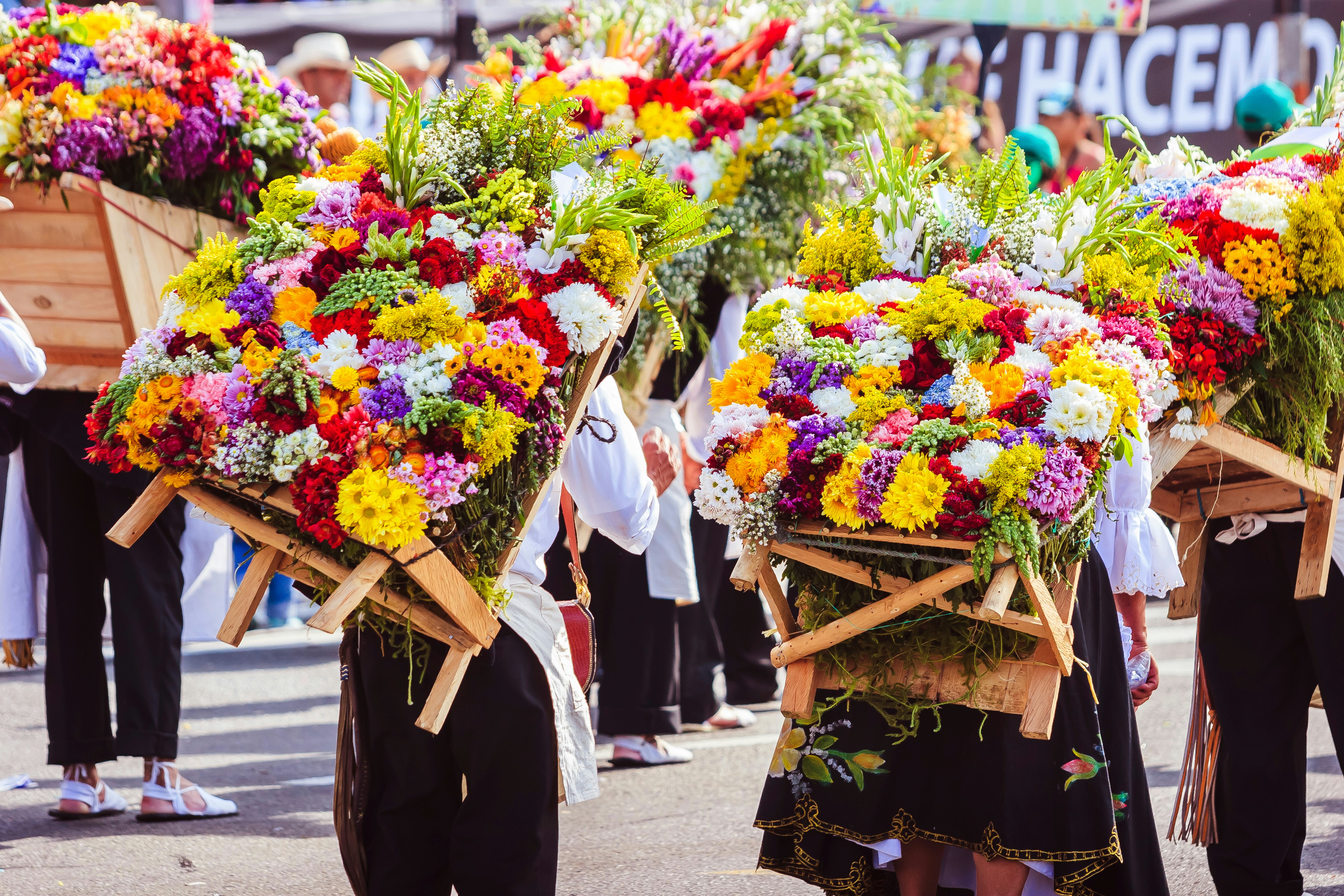 Silleteros Parade (flower festival) with participants carrying colourful flower arrangements in Medellin.