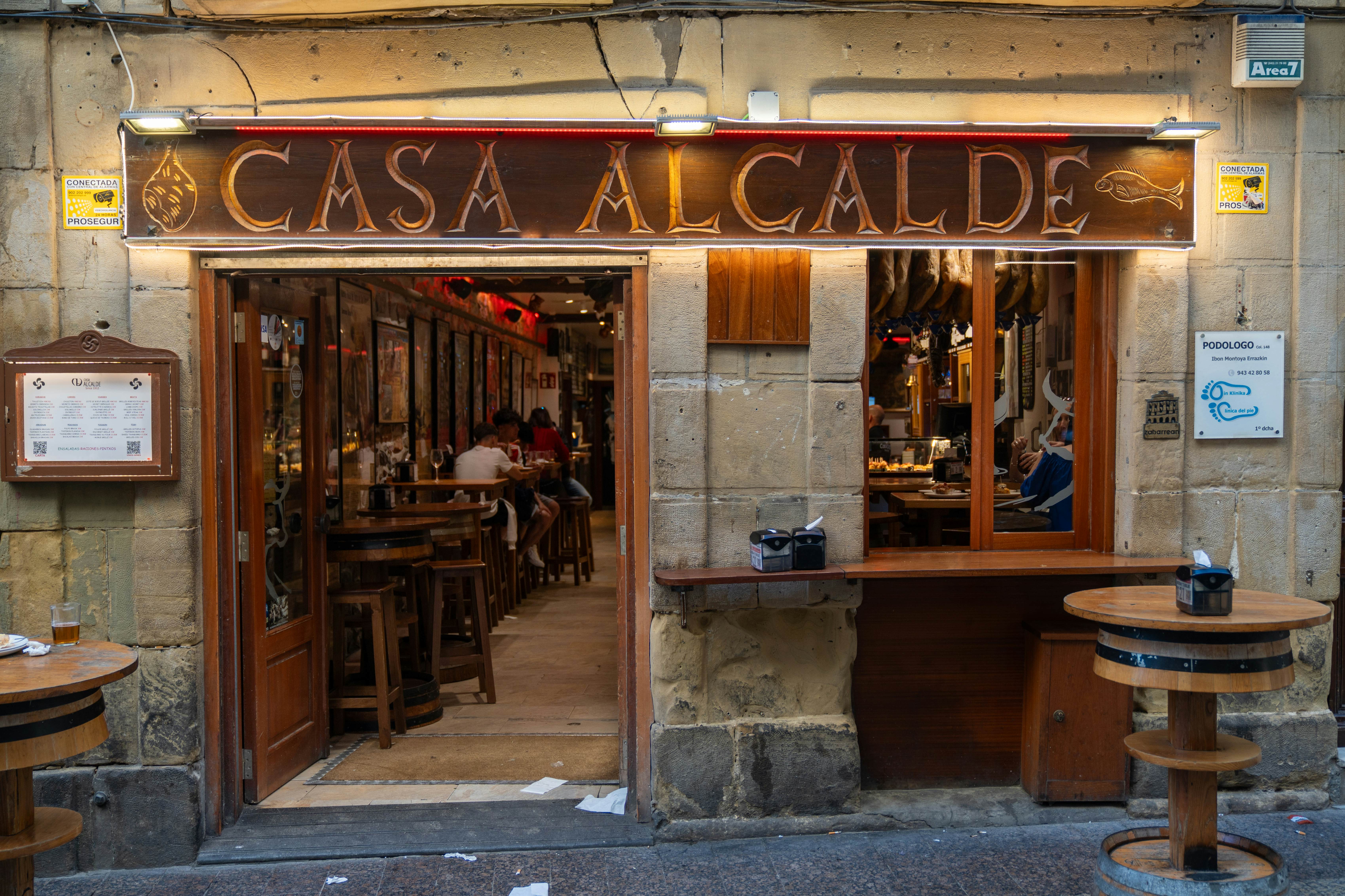 The exterior of Casa Alcalde, a pintxos restaurant in the Old Town district of San Sebastian in Basque Country.