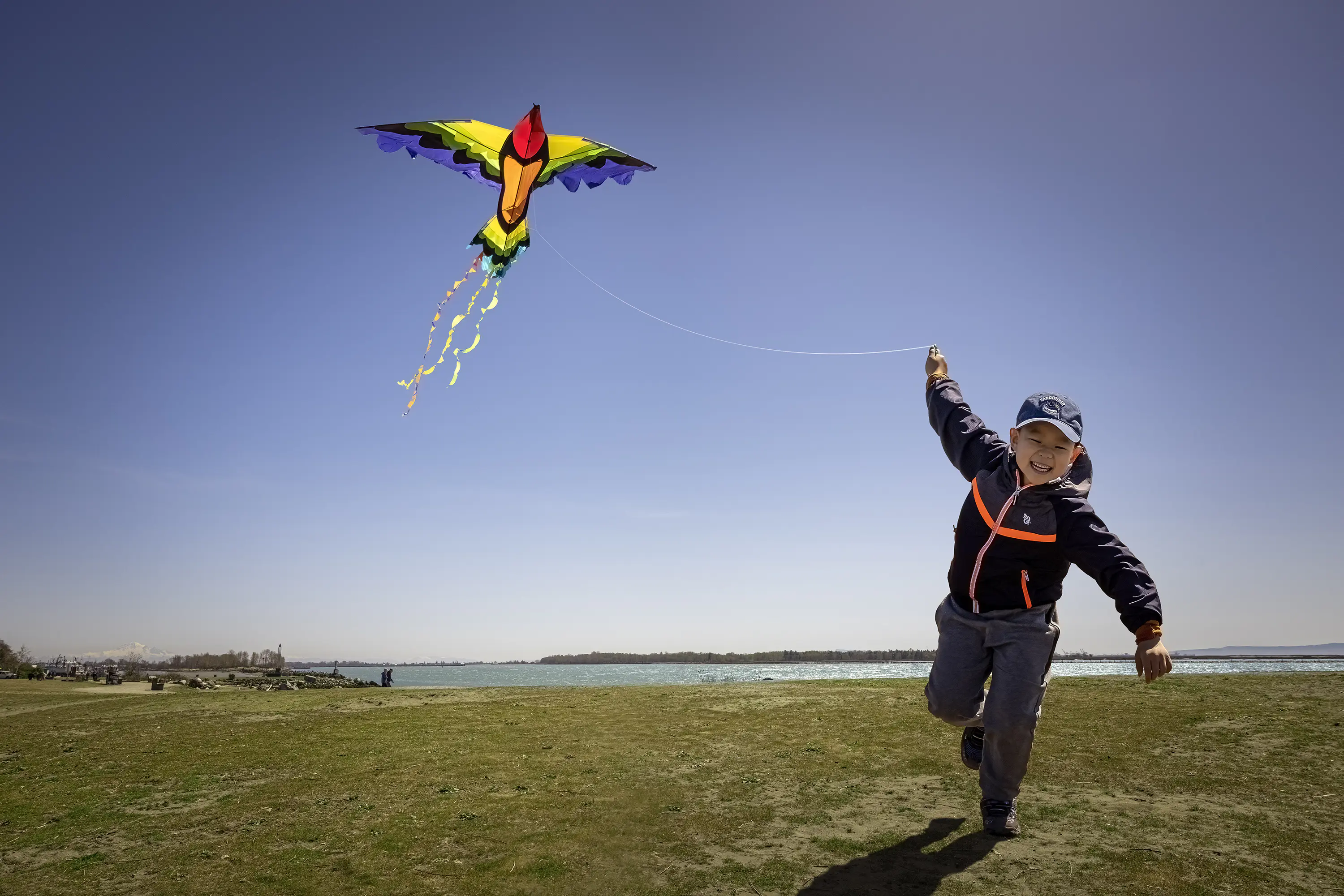 A young boy flies a kite in a cloudless sky near Richmond, British Columbia