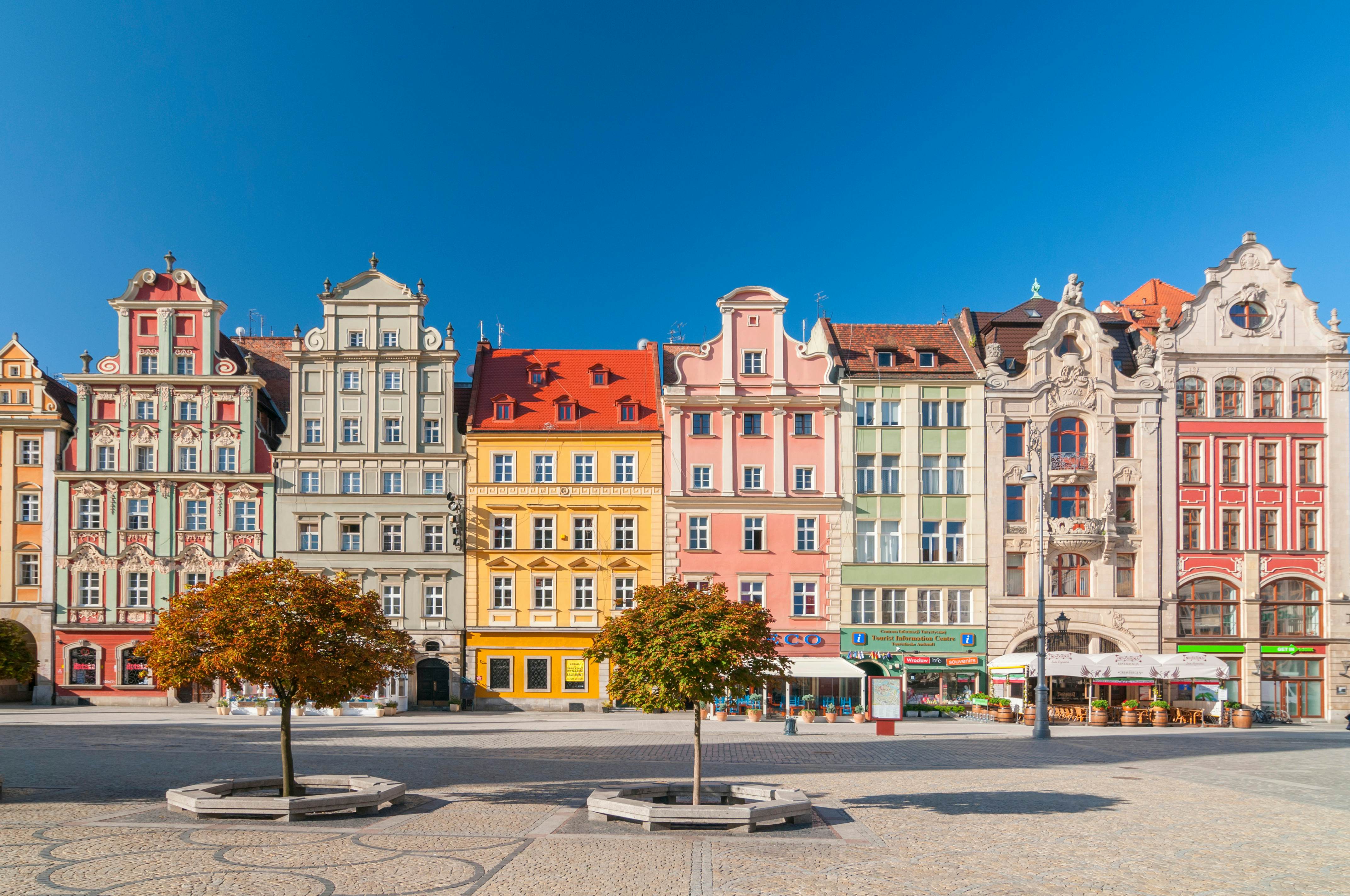 Beautiful historical tenement houses in Wroclaw's Old Market Square, Poland.