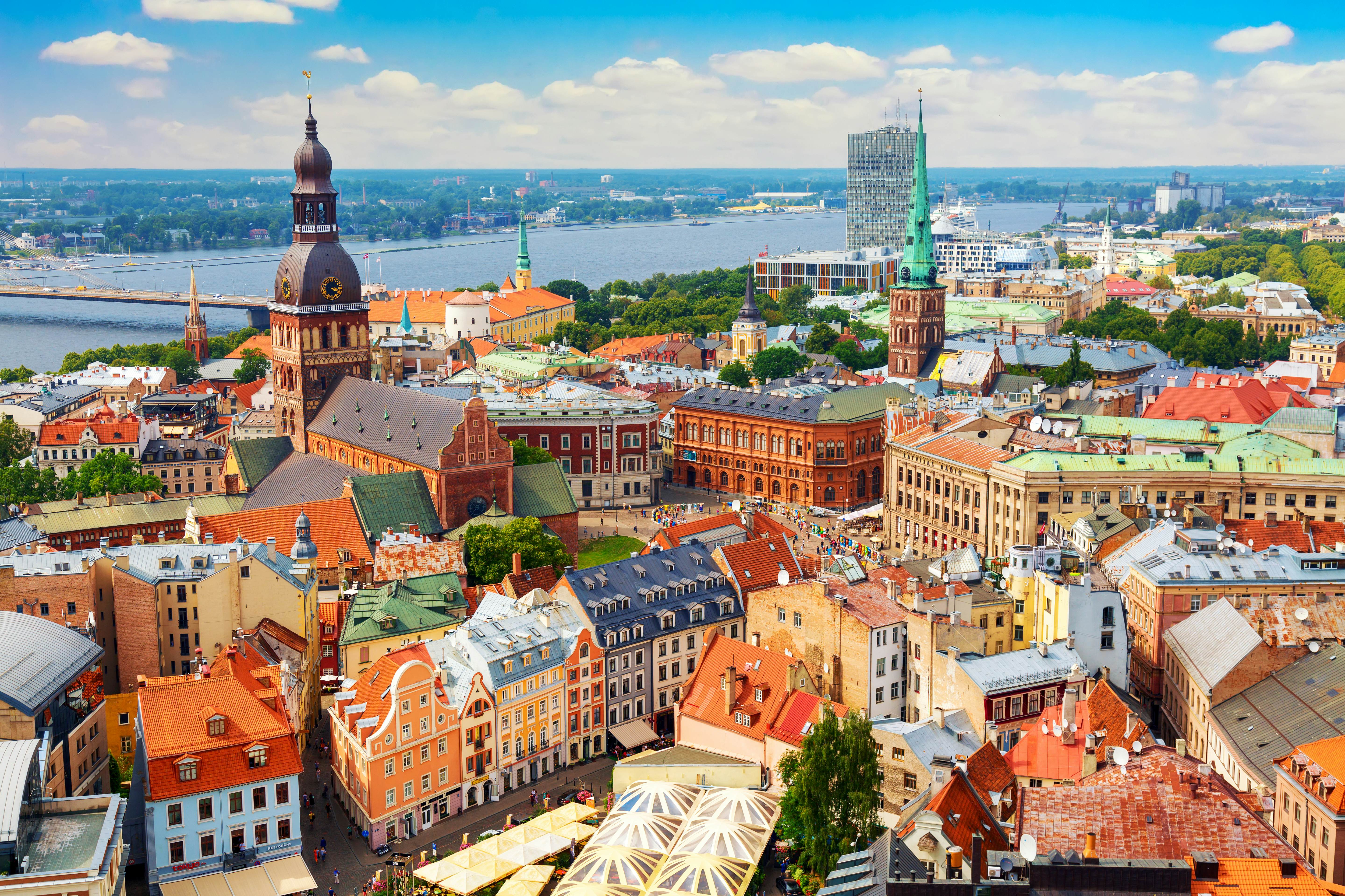 Panoramic view of the old city of Riga, Latvia from the tower Church of St Peter.