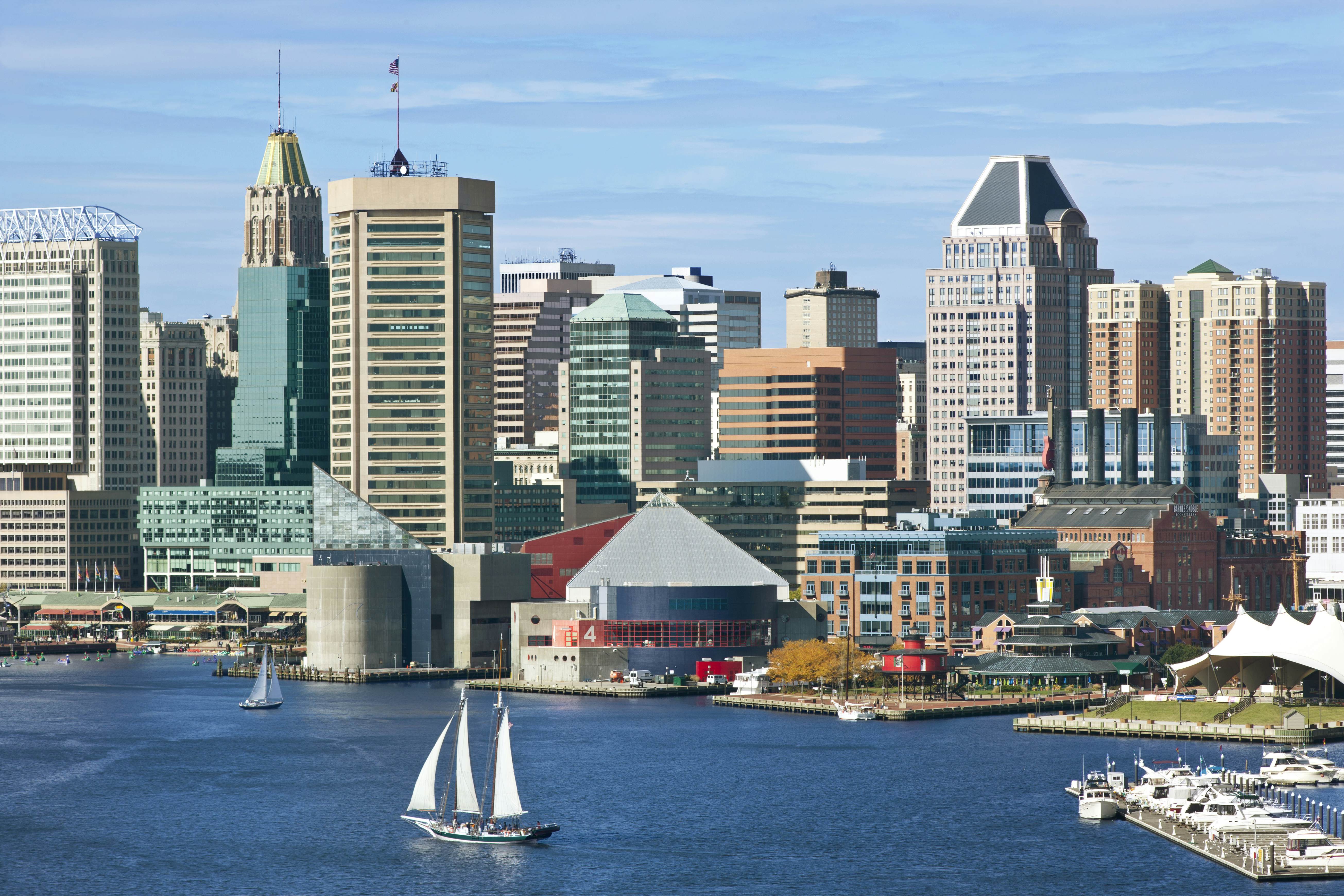 Boats and the skyline in Baltimore's Inner Harbor.