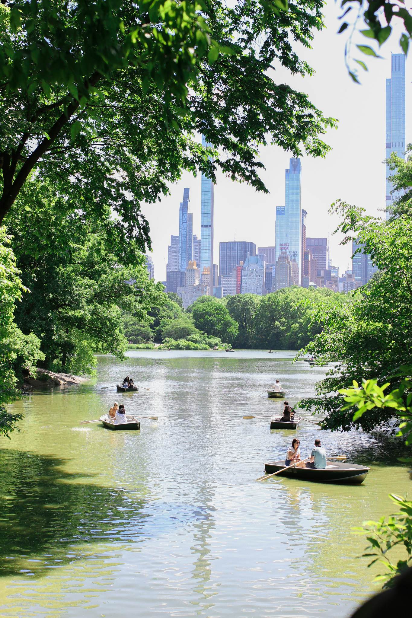 People in pedal boats on a lake in a city park.