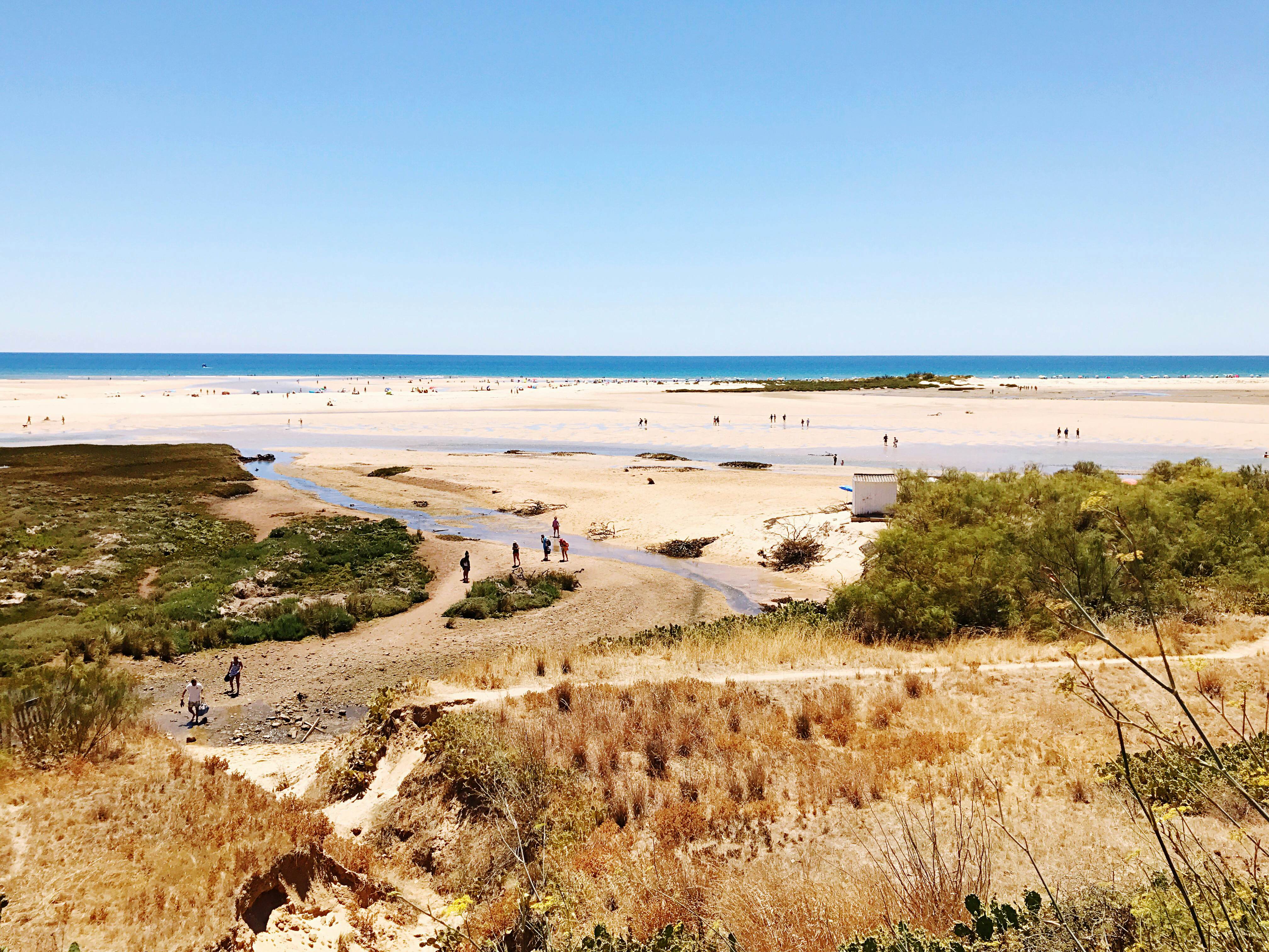 Aerial view of the dunes and beach at Tavira, Portugal.