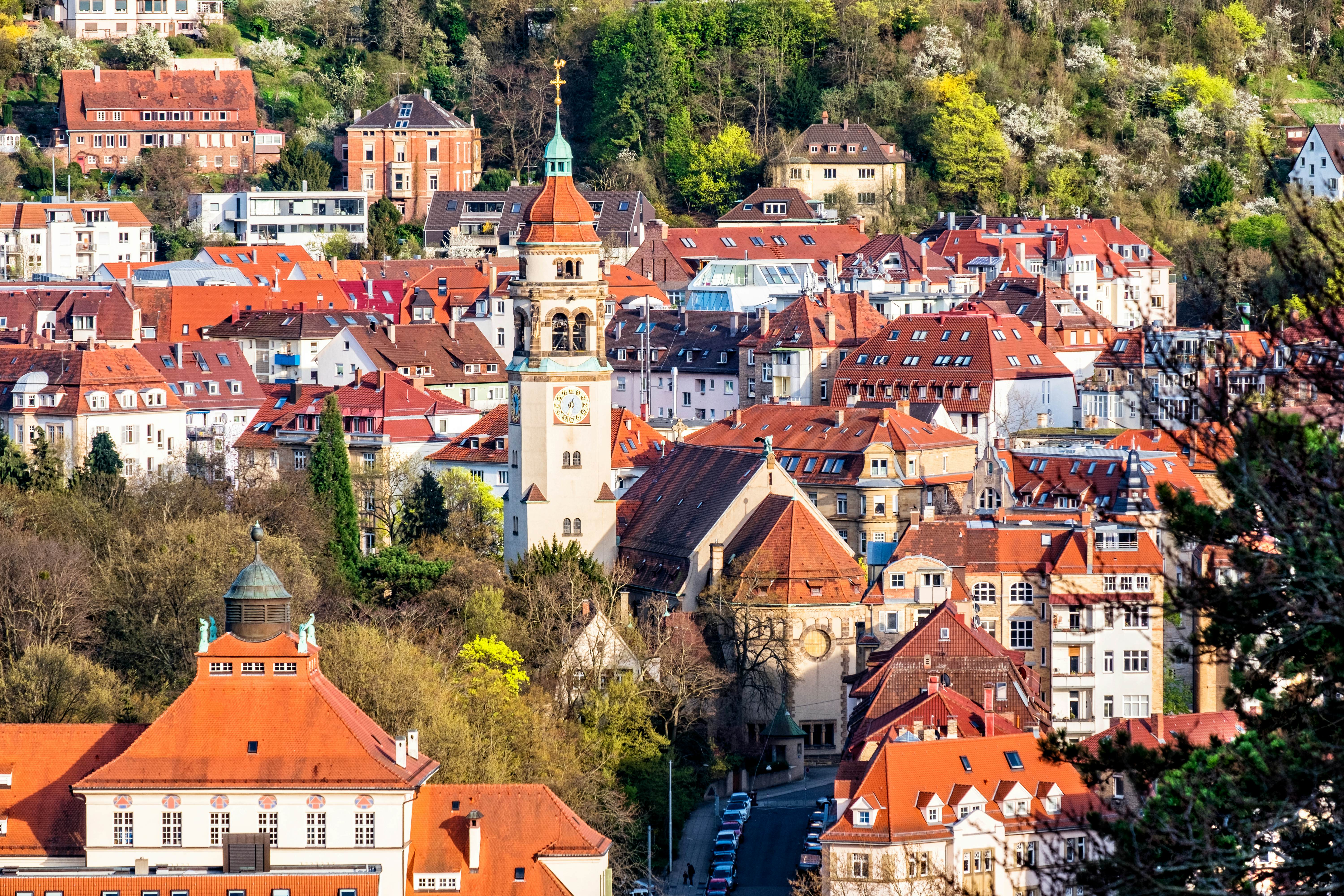 View of Stuttgart, Germany, from the Karlshoehe viewpoint with Markus church in the center.