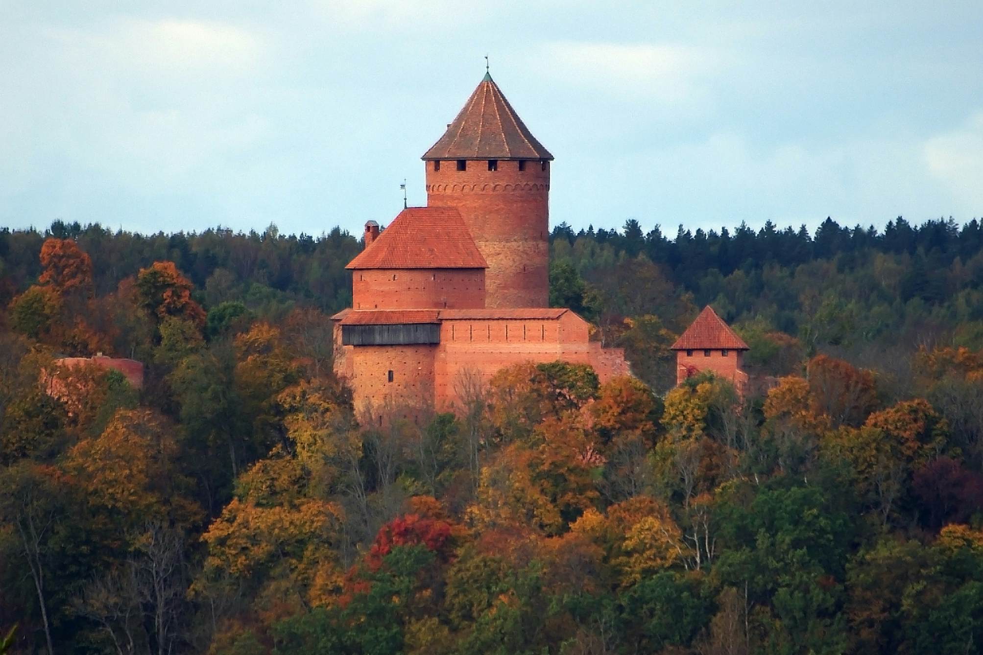 A late afternoon views of Turaida castle and the Gauja Valley in fall, Latvia.