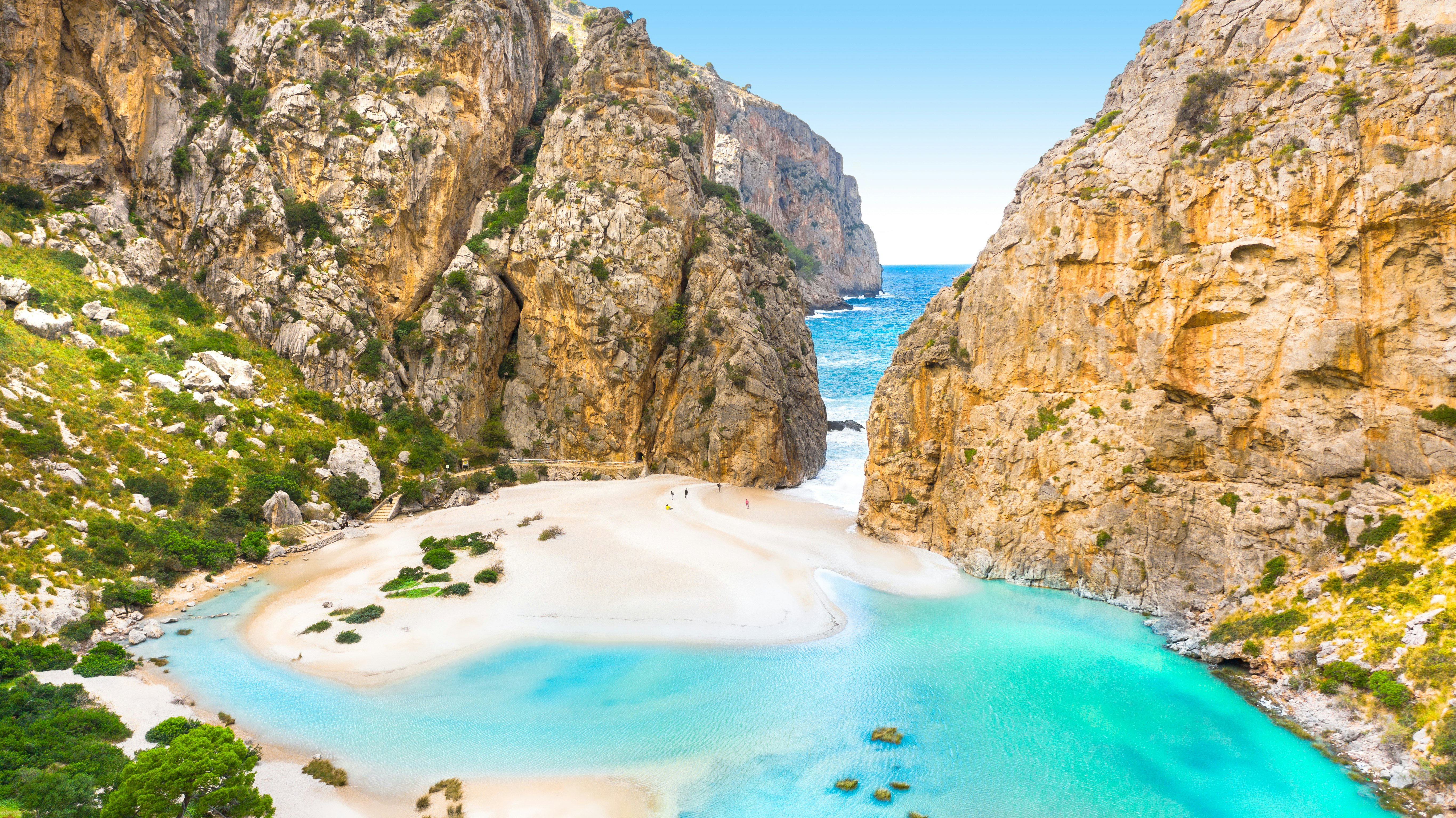 Torrent de Pareis Sa Calobra Mallorca, Spain. Beautiful bay beach turquoise sea mountains, Cala Sa Calobra.