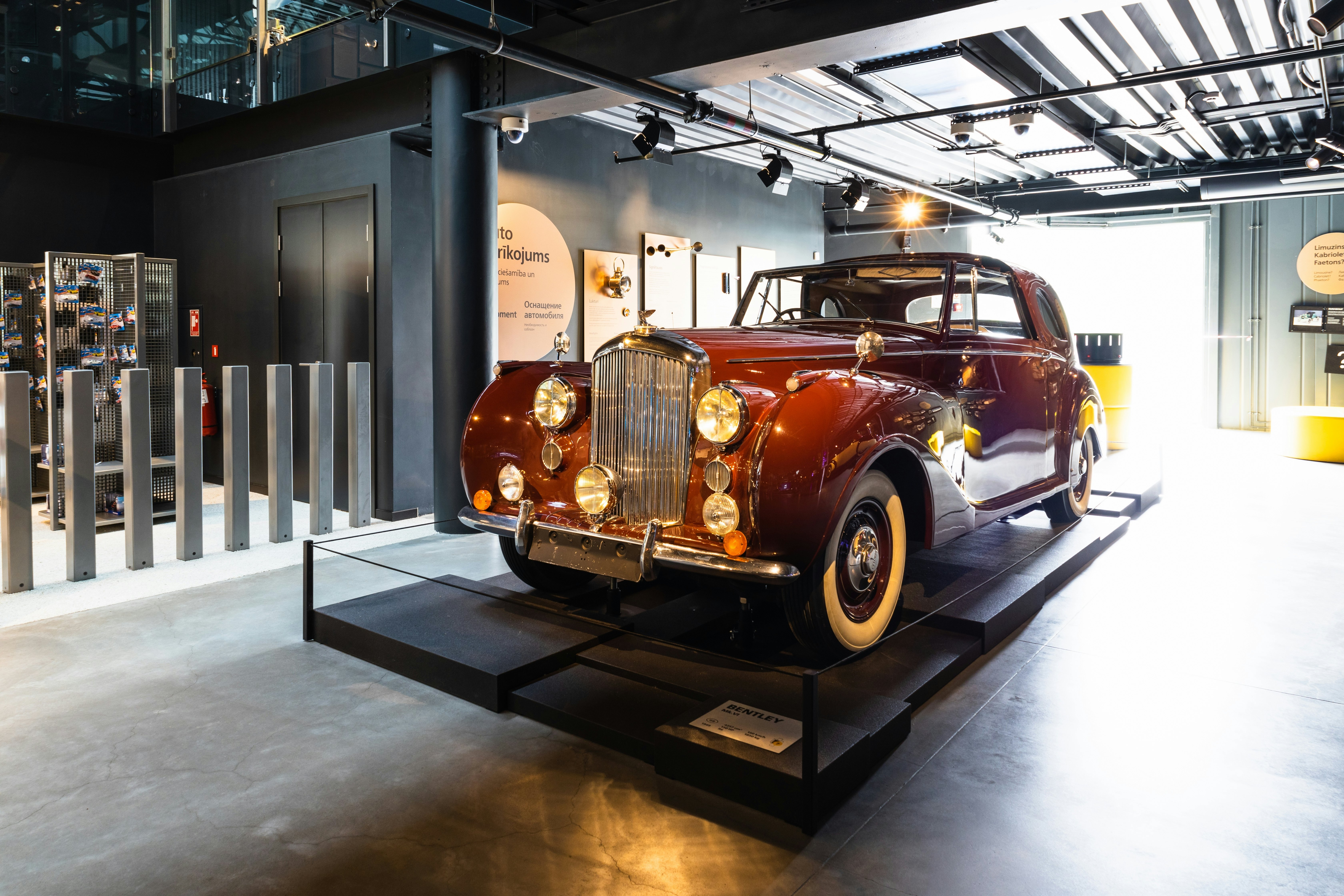 A classic car on display in the Riga Motor Museum in Riga, Latvia.