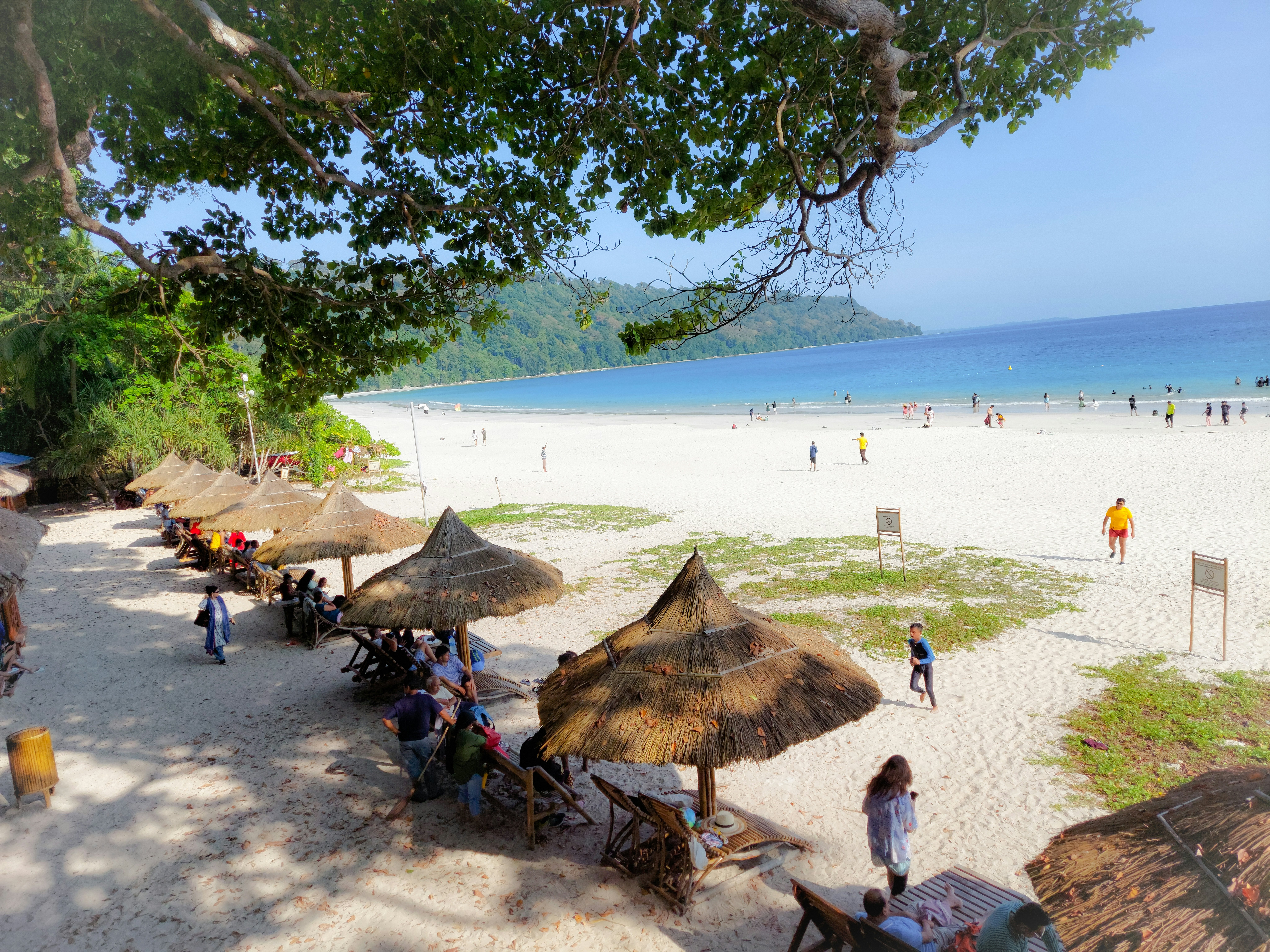 View of Radhanagar beach, series of hay umbrella for tourist ,wide white sand ,blue ocean , mountain with jungle.