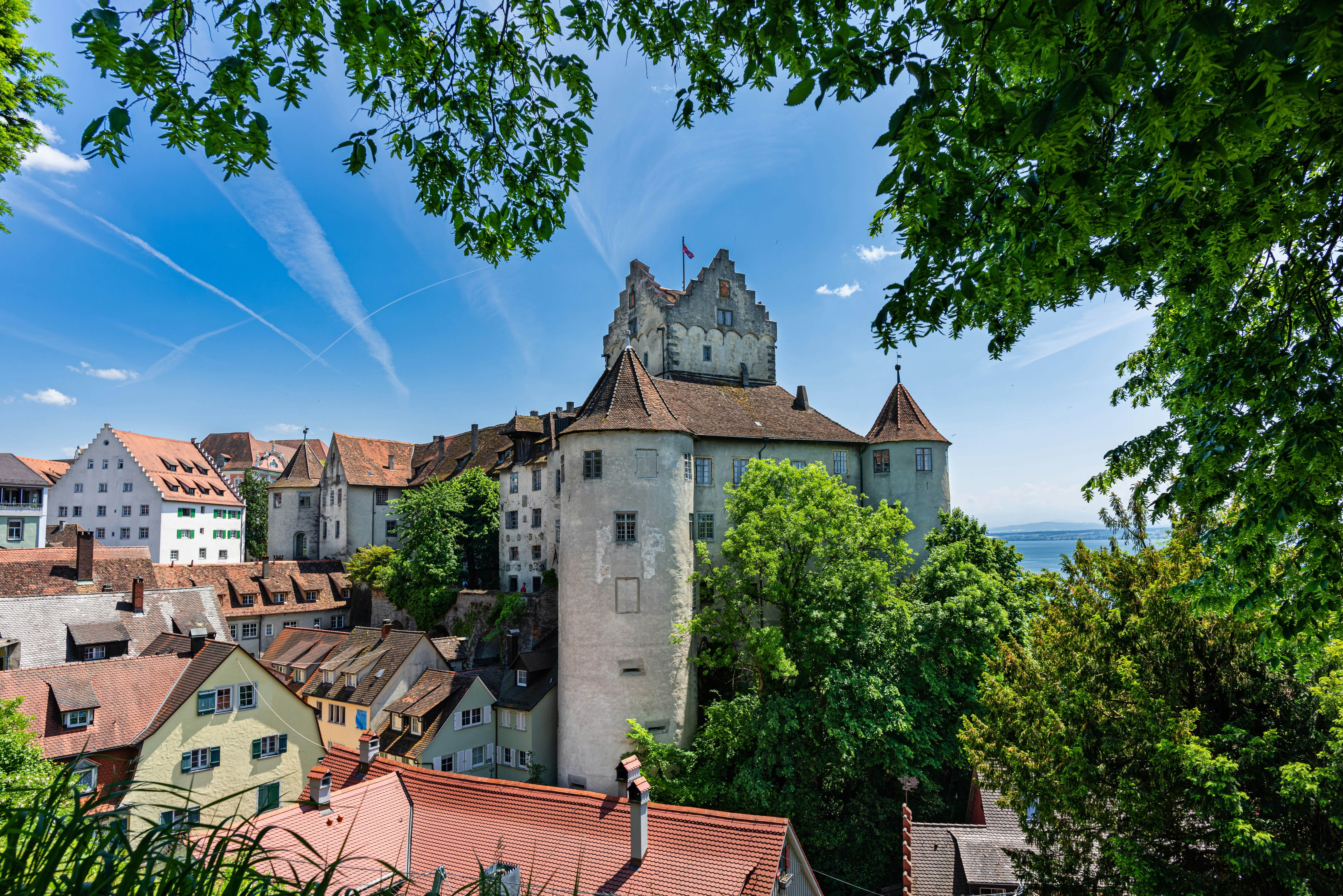 The tower of Meersburg castle or Burg Meersburg in Meersburg on Lake Constance (Bodensee), Germany.