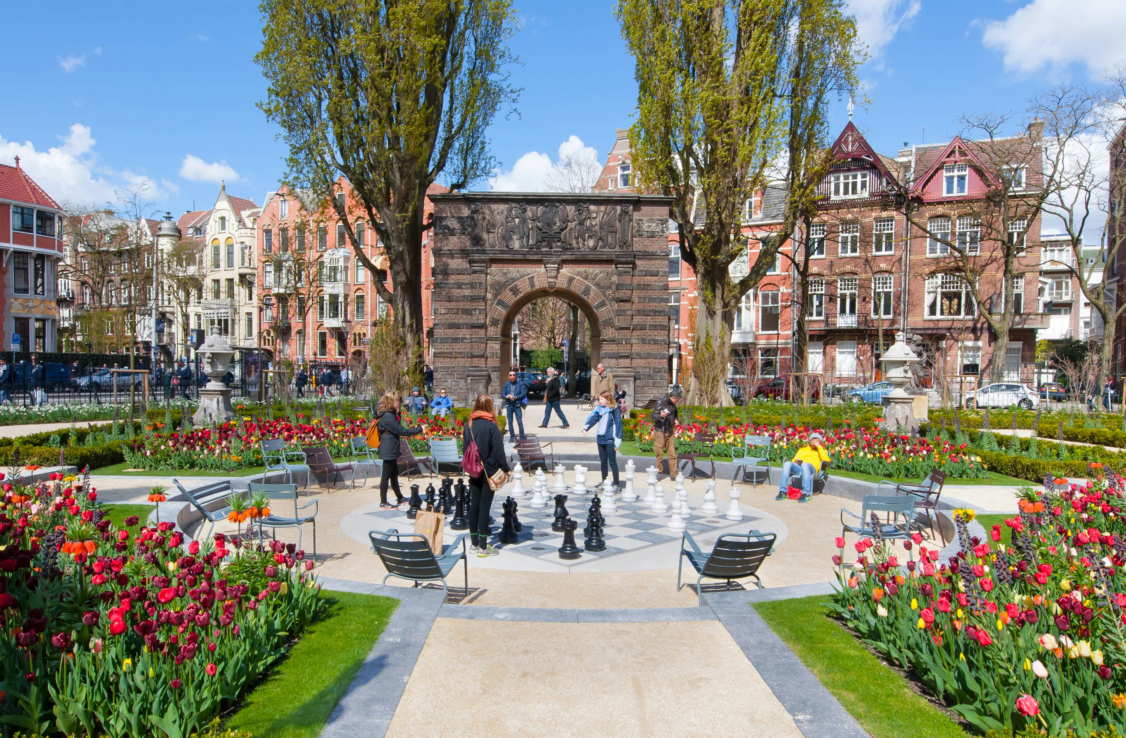 The Garden at the Rijksmuseum in Amsterdam with spring tulips blooming.