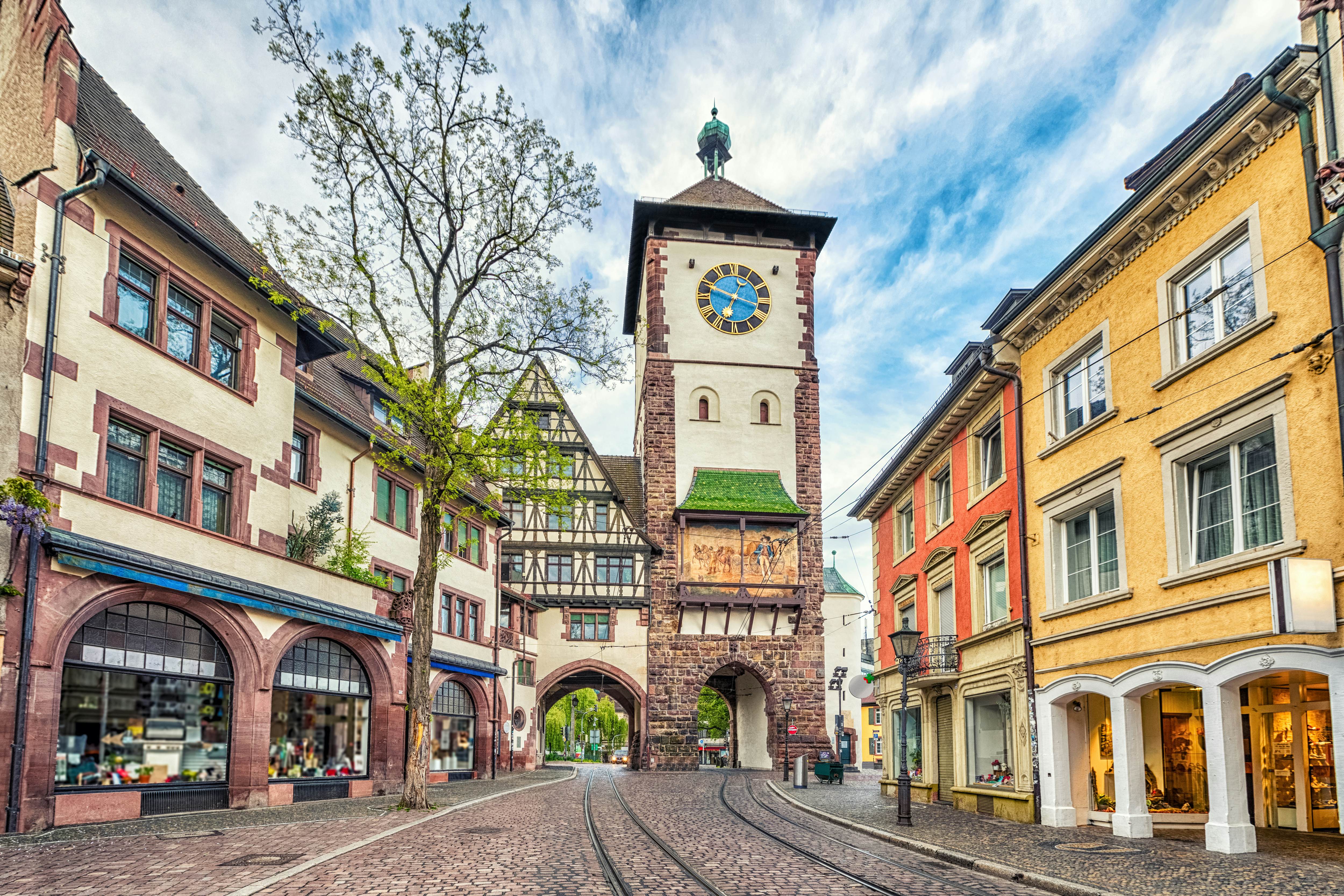 The historical Schwabentor city gate in Freiburg im Breisgau, Baden-Wurttemberg, Germany.