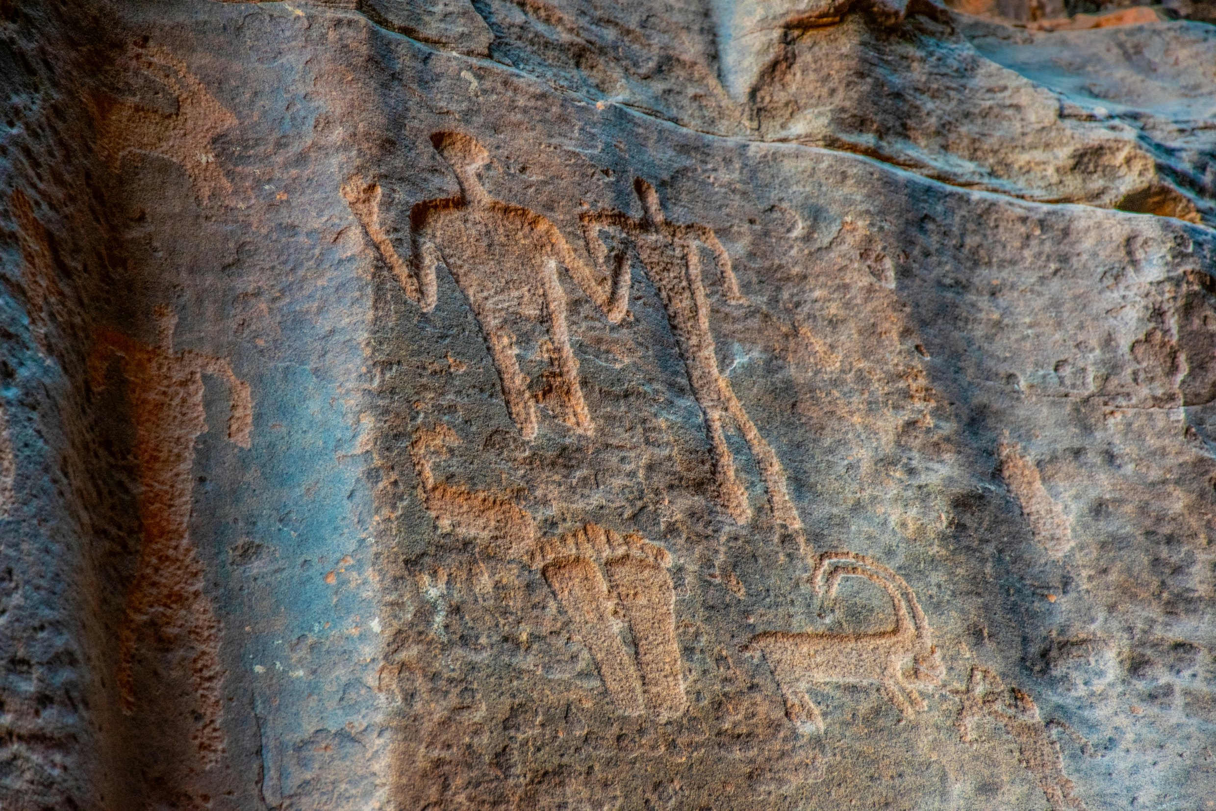 Ancient inscriptions at Khazali siq at Wadi Rum desert in Jordan