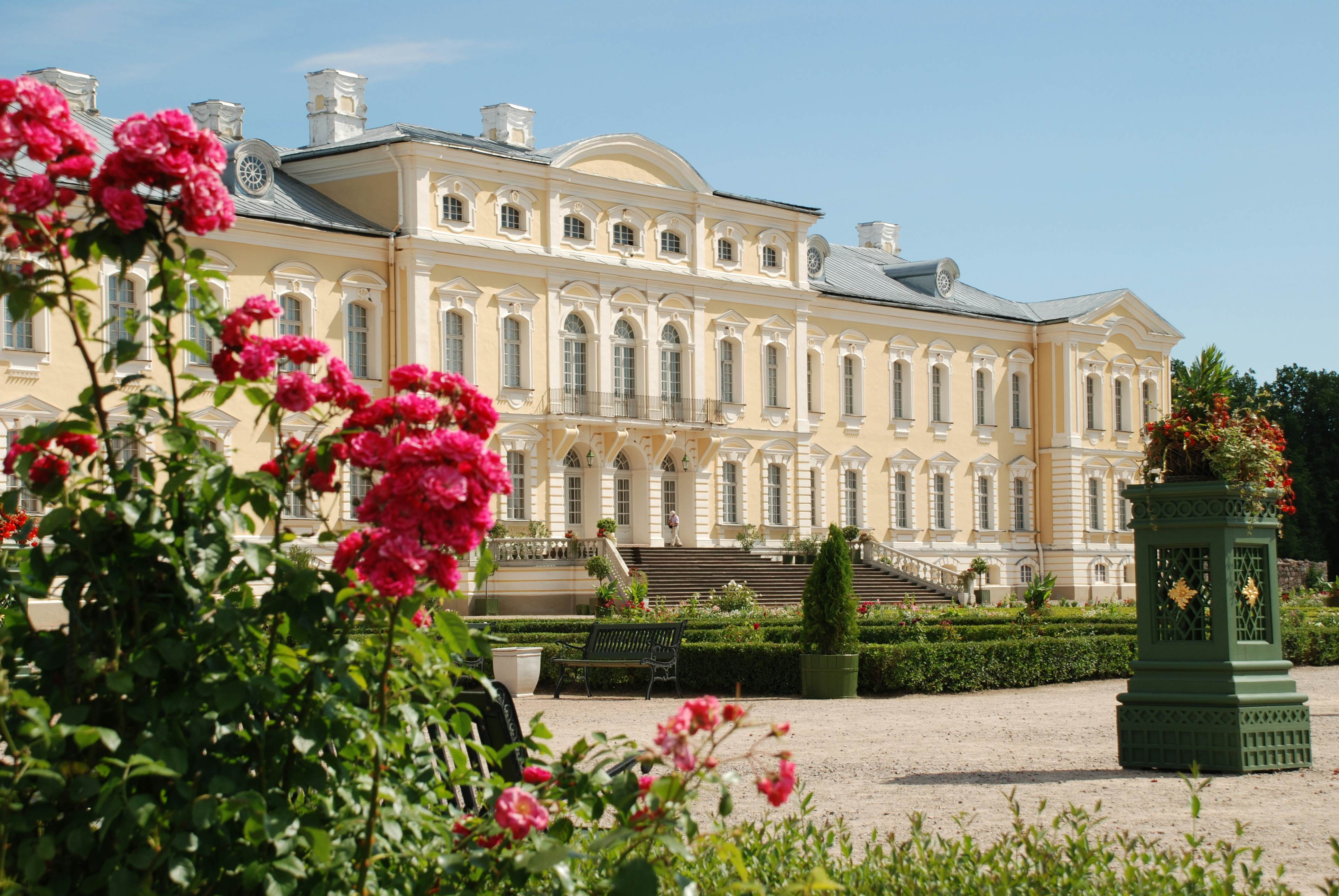 Roses bloom in the garden at the Rococo-style Rundāle Palace in Latvia.