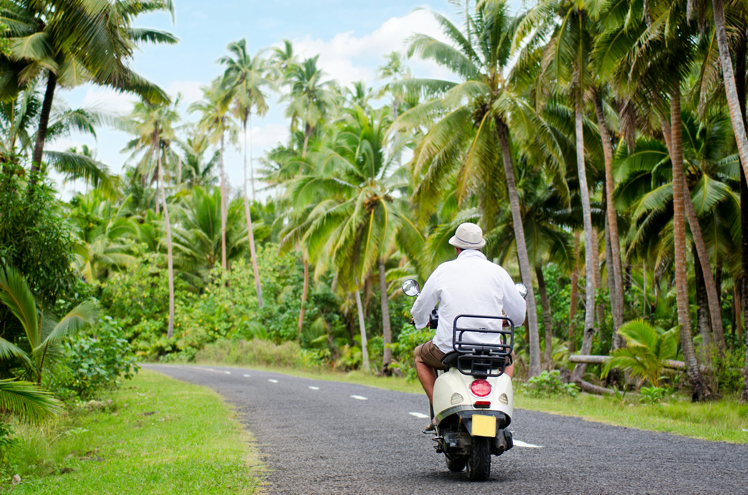 A man riding a scooter is seen from behind on a narrow paved road through a lush landscape of palm trees.