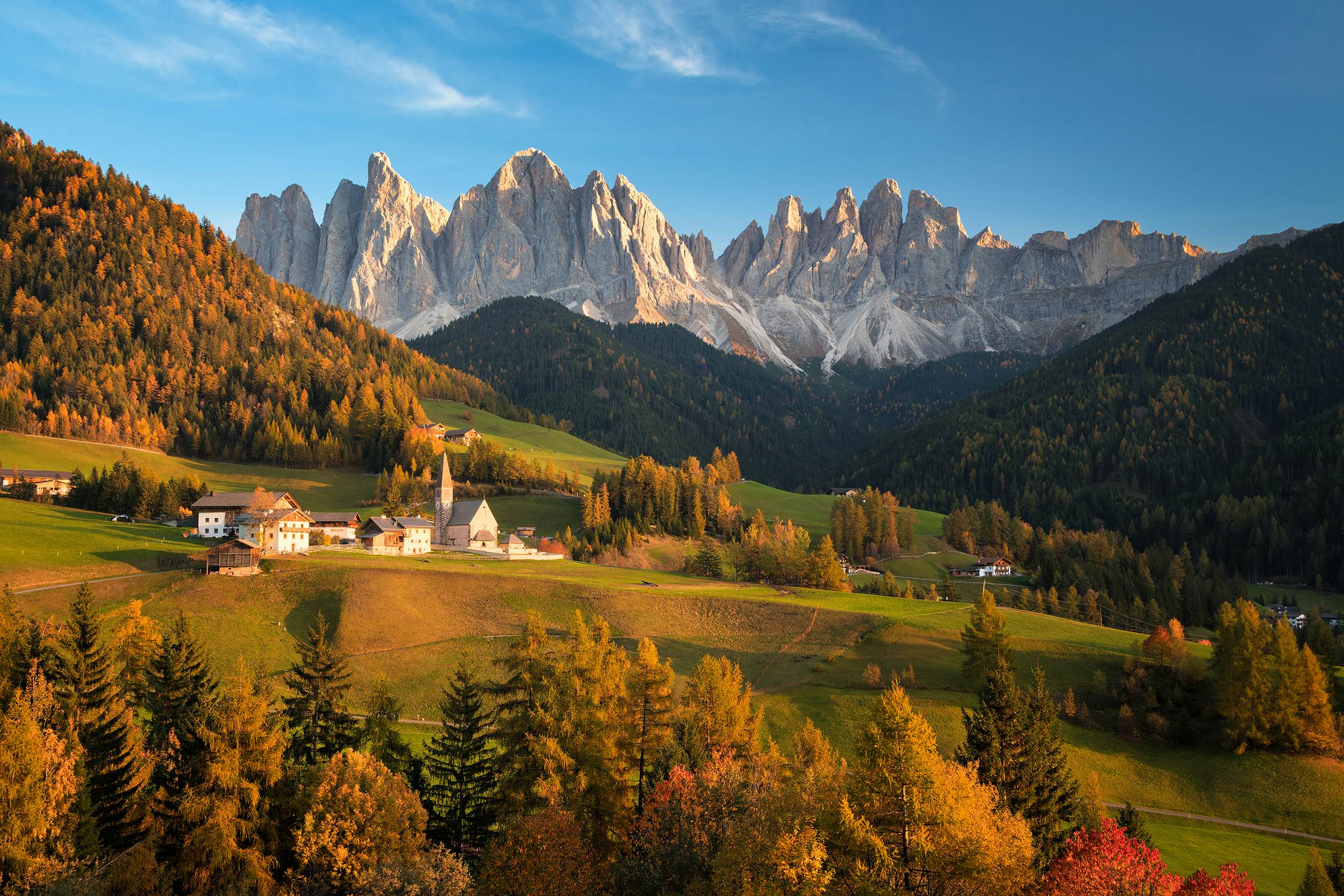 Church in Sankt Magdalena in Villnoess in the Dolomites in South Tyrol, Italy.