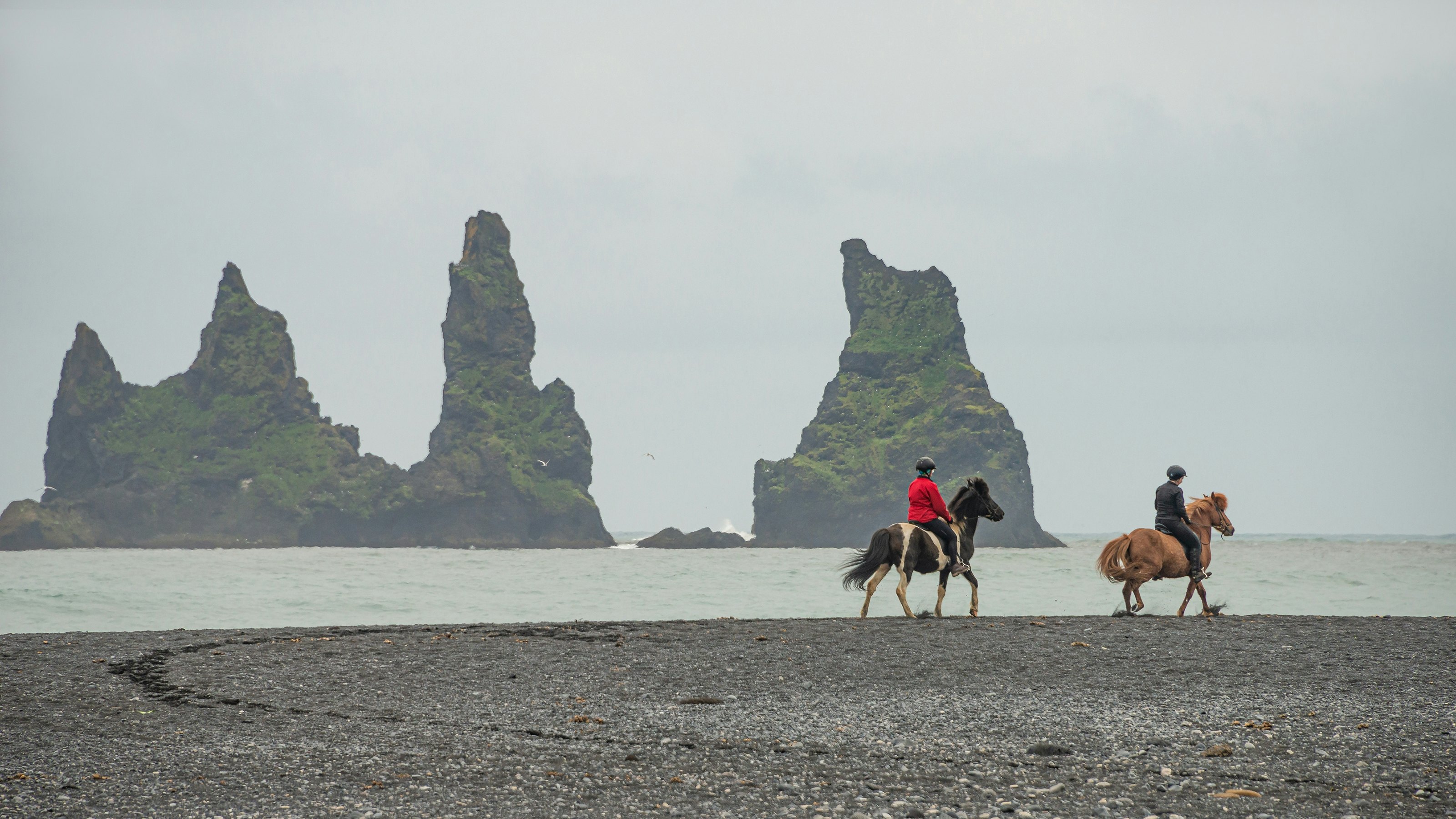 Two people ride horses on a black-sand beach. Craggy stacks are visible in the sea beyond.