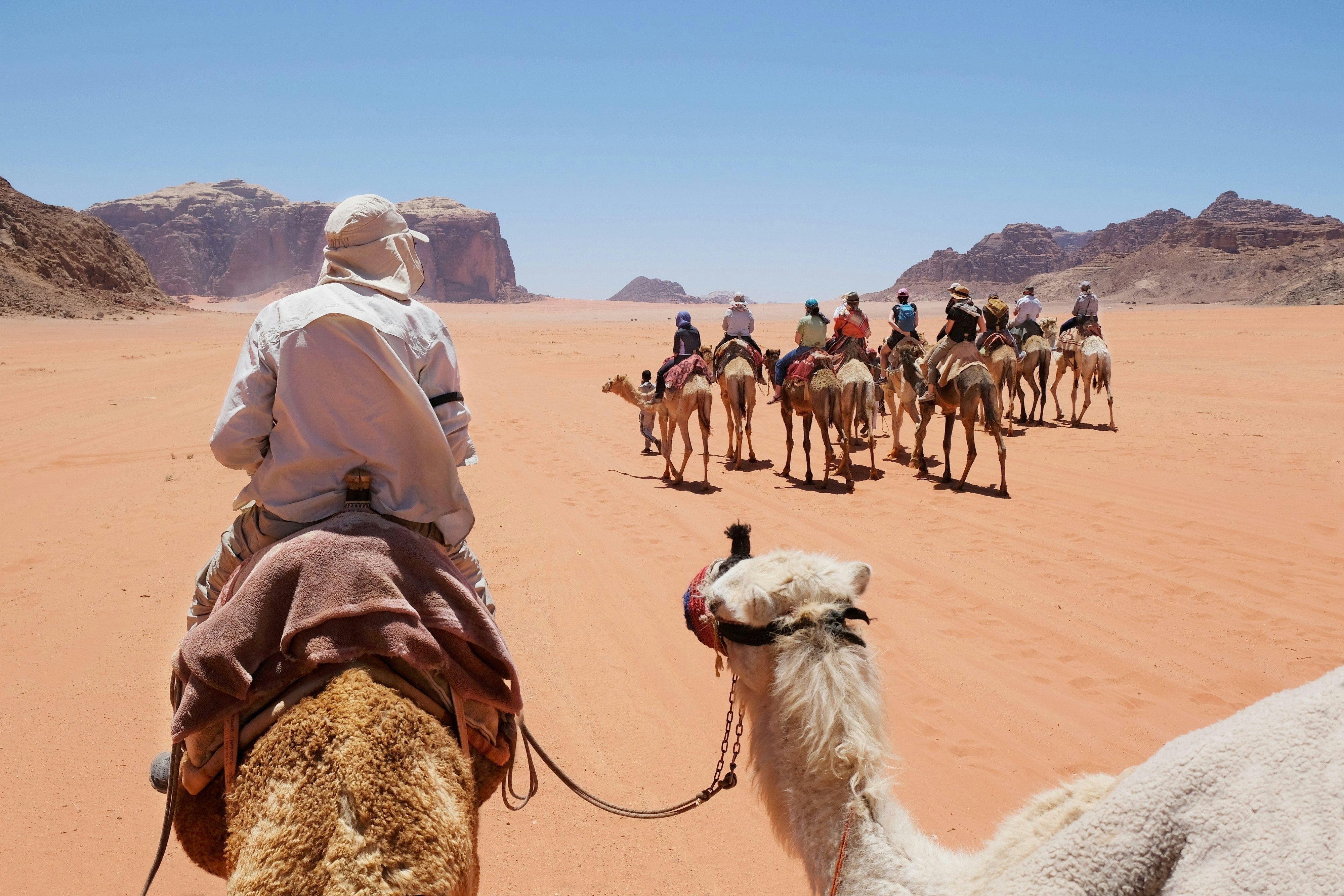 Trip on camels on Wadi Rum Desert in Jordan. The amazing Wadi Rum desert with Martian scenery