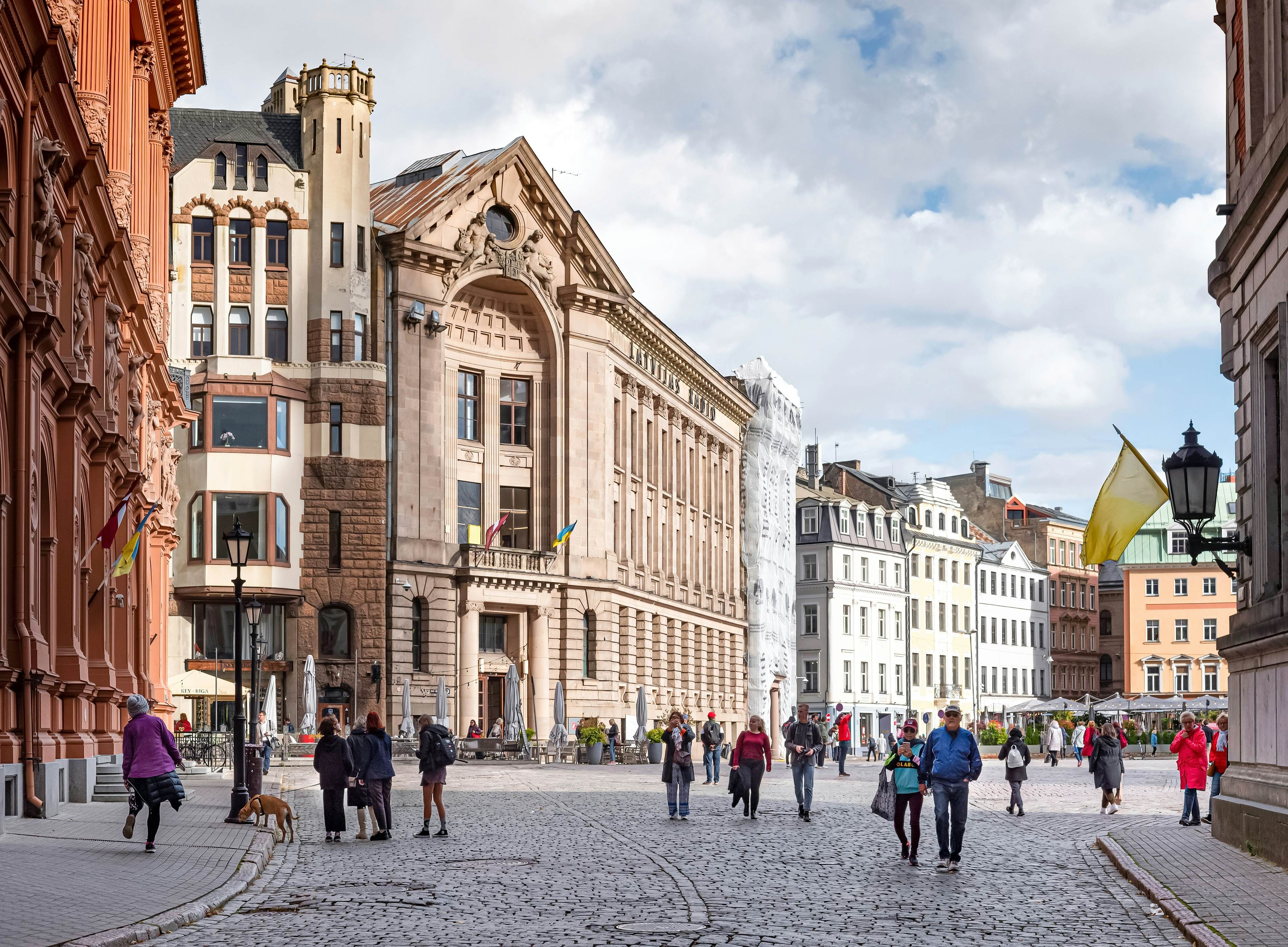 People gathering at Dome Square in Riga, Latvia.