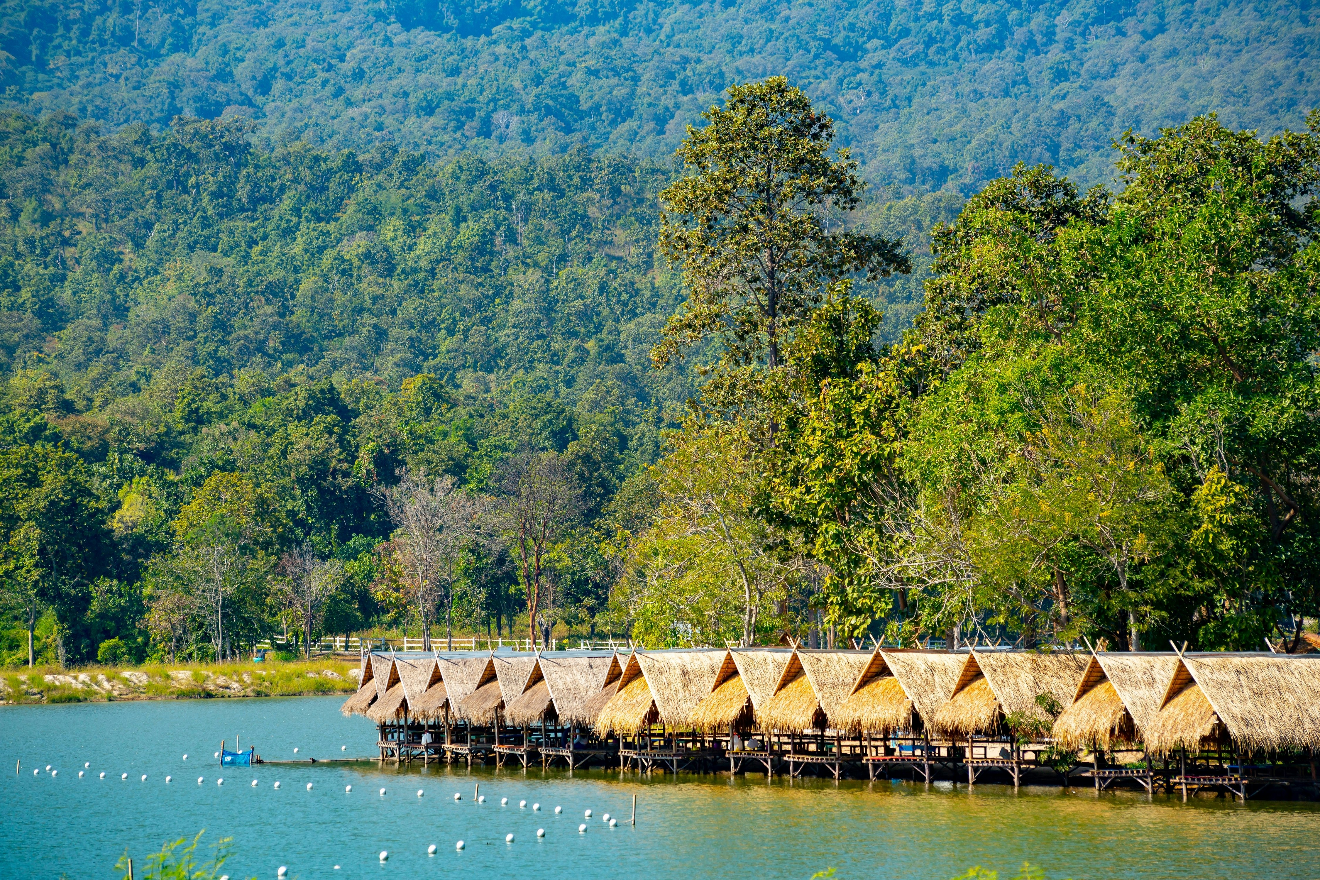 A line of small huts stand side by side on the shore of a lake. Lush green trees and vegetation cover the hillside that rises from the water.