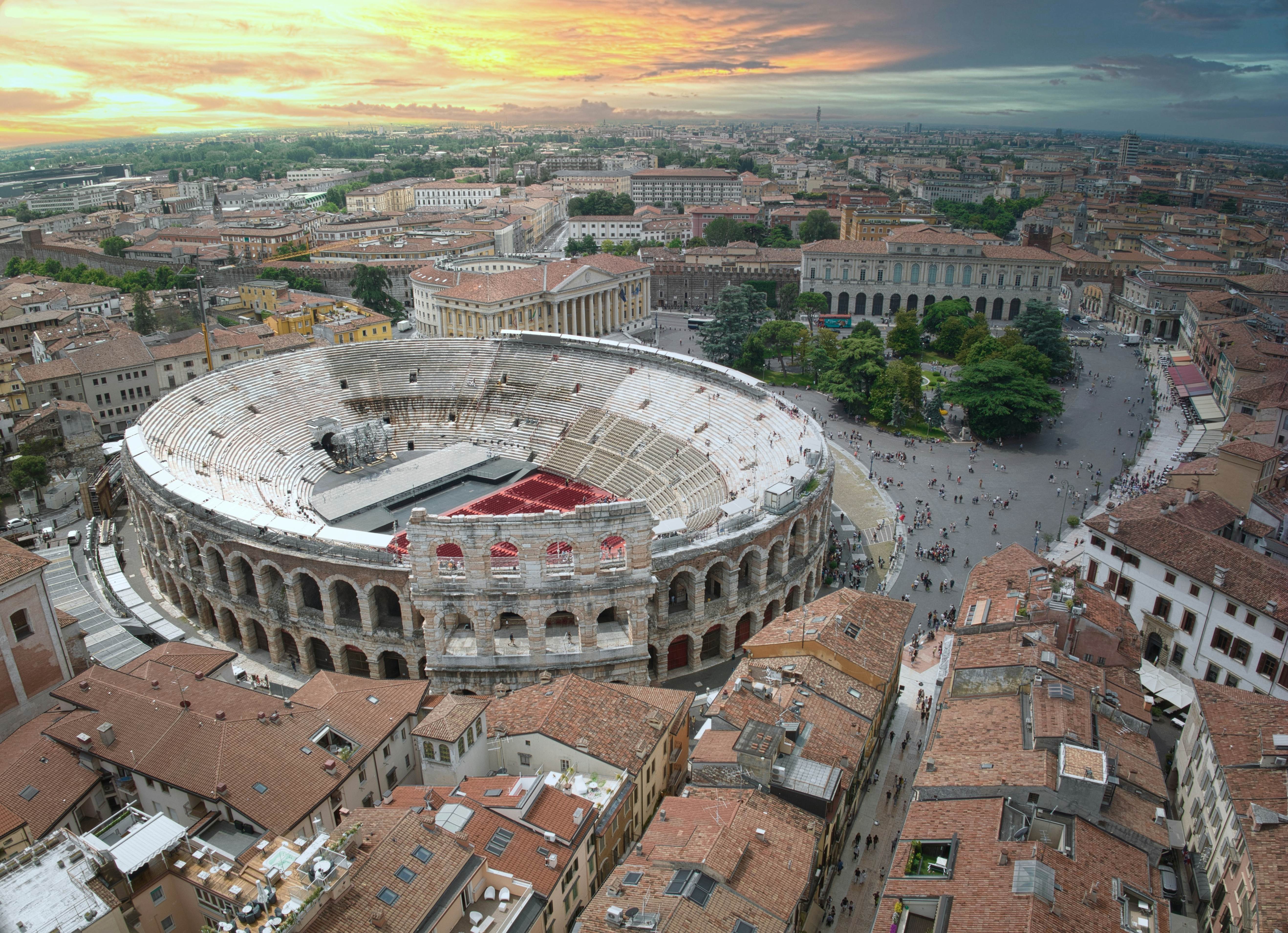 Aerial view of the Roman amphitheater in Verona at sunset